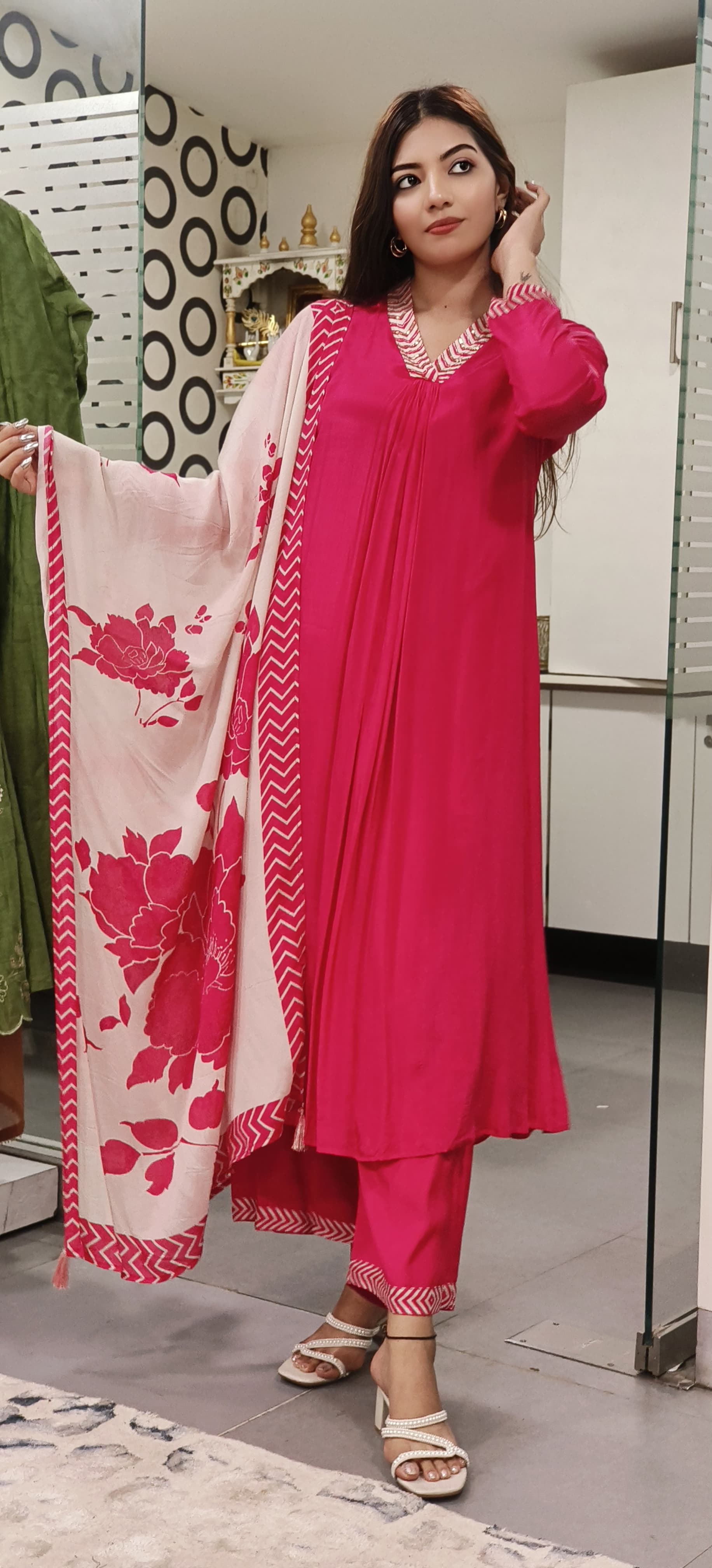 Pink Pure Crepe Silk Full Suit Set With Floral Print Chinon Dupatta-06662
