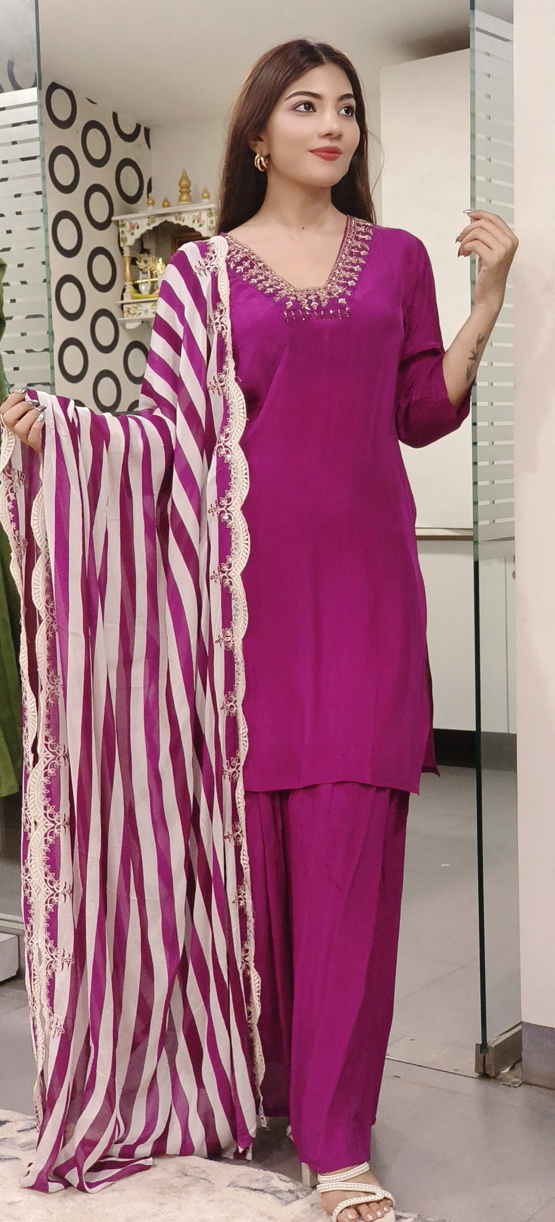 Embroidered Silk Dark Purple Kurta Pant Set With Dupatta-07776