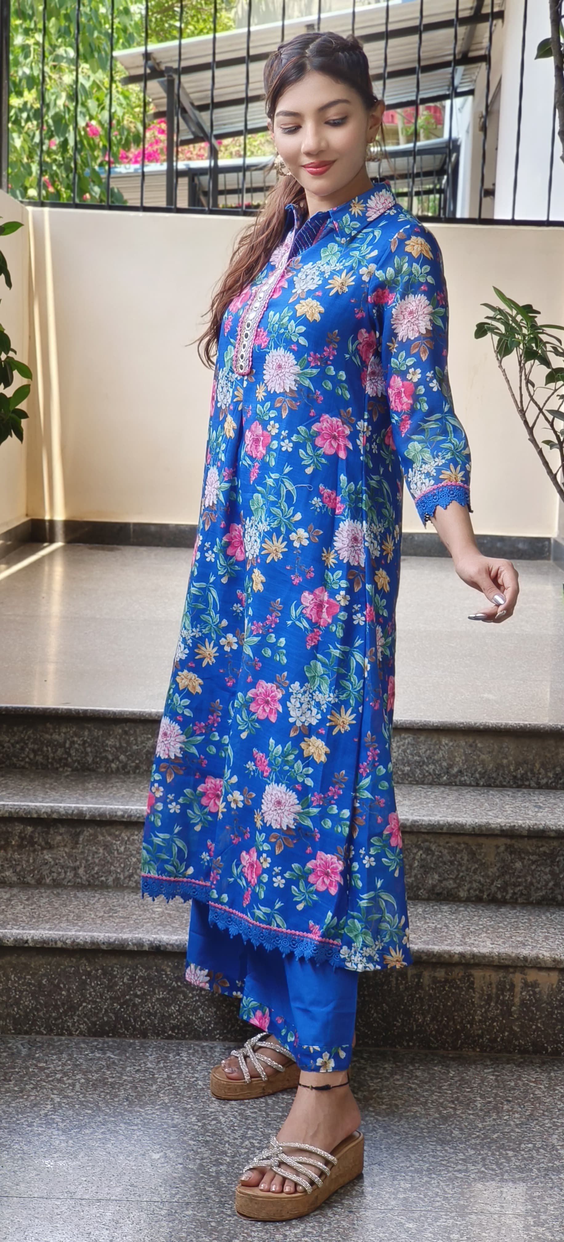 Checks Cotton Floral Print Aline Kurta Pant Set- 09569