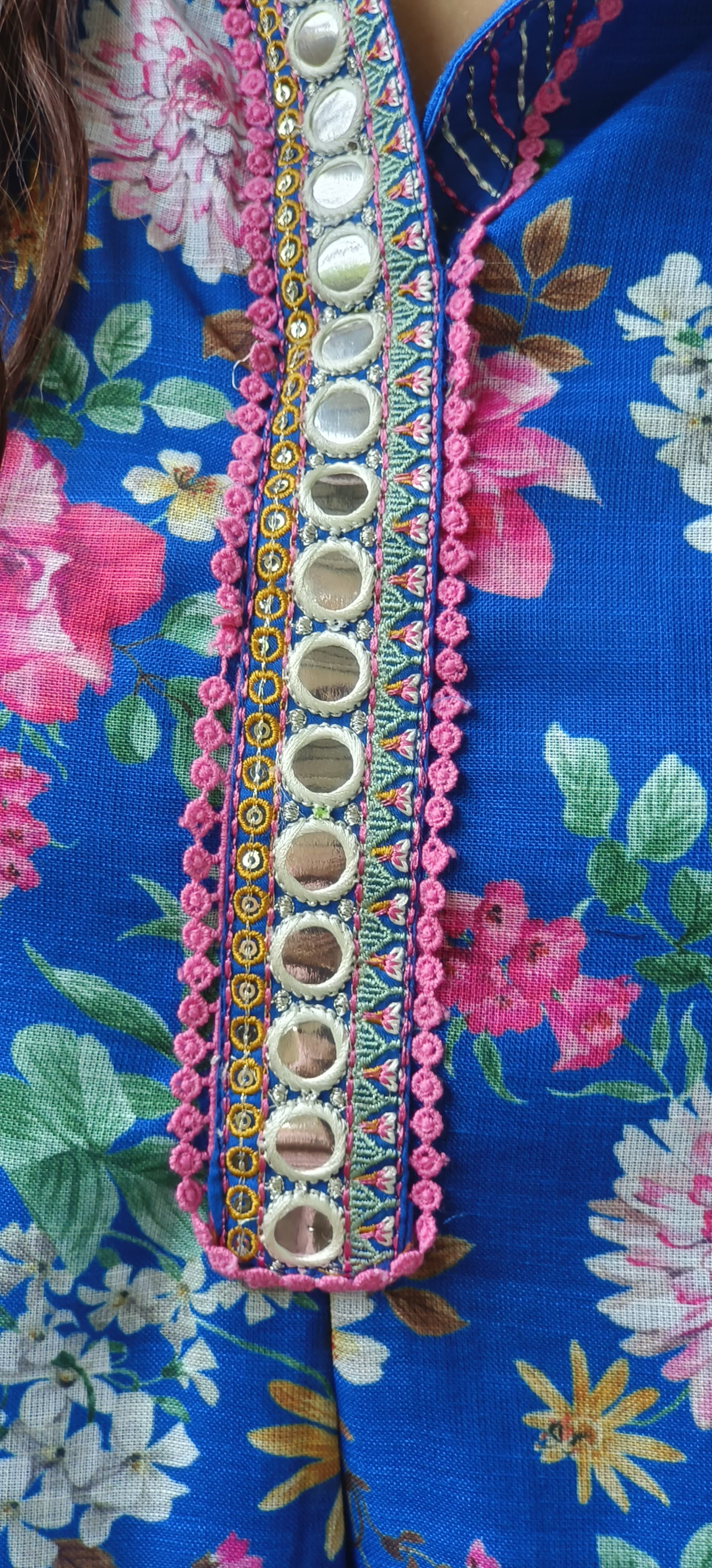 Checks Cotton Floral Print Aline Kurta Pant Set- 09569