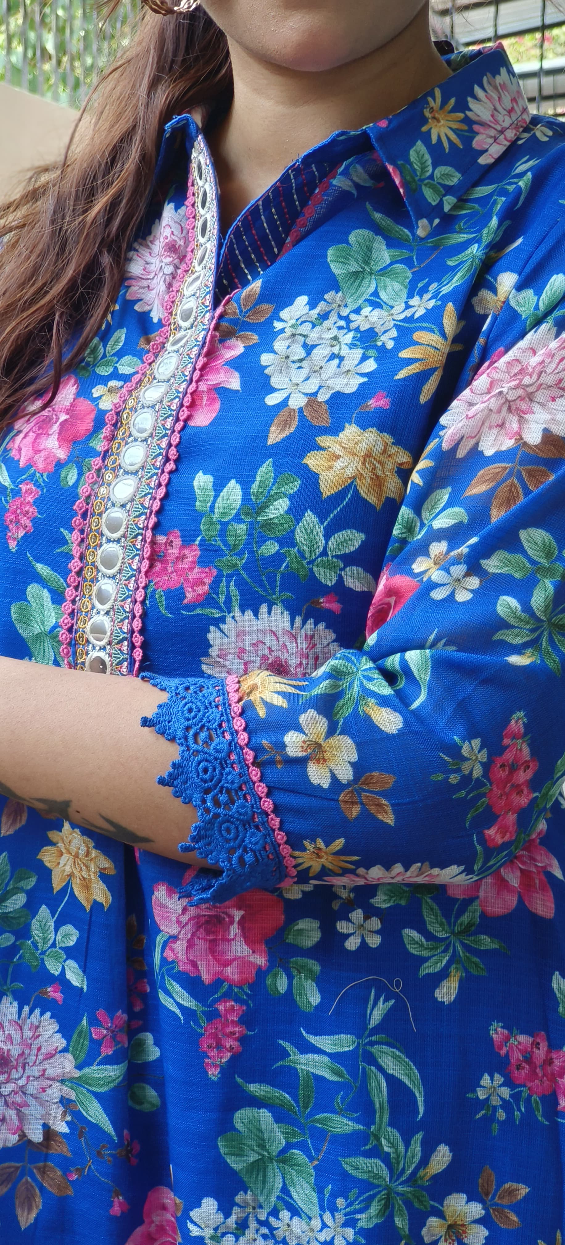 Checks Cotton Floral Print Aline Kurta Pant Set- 09569