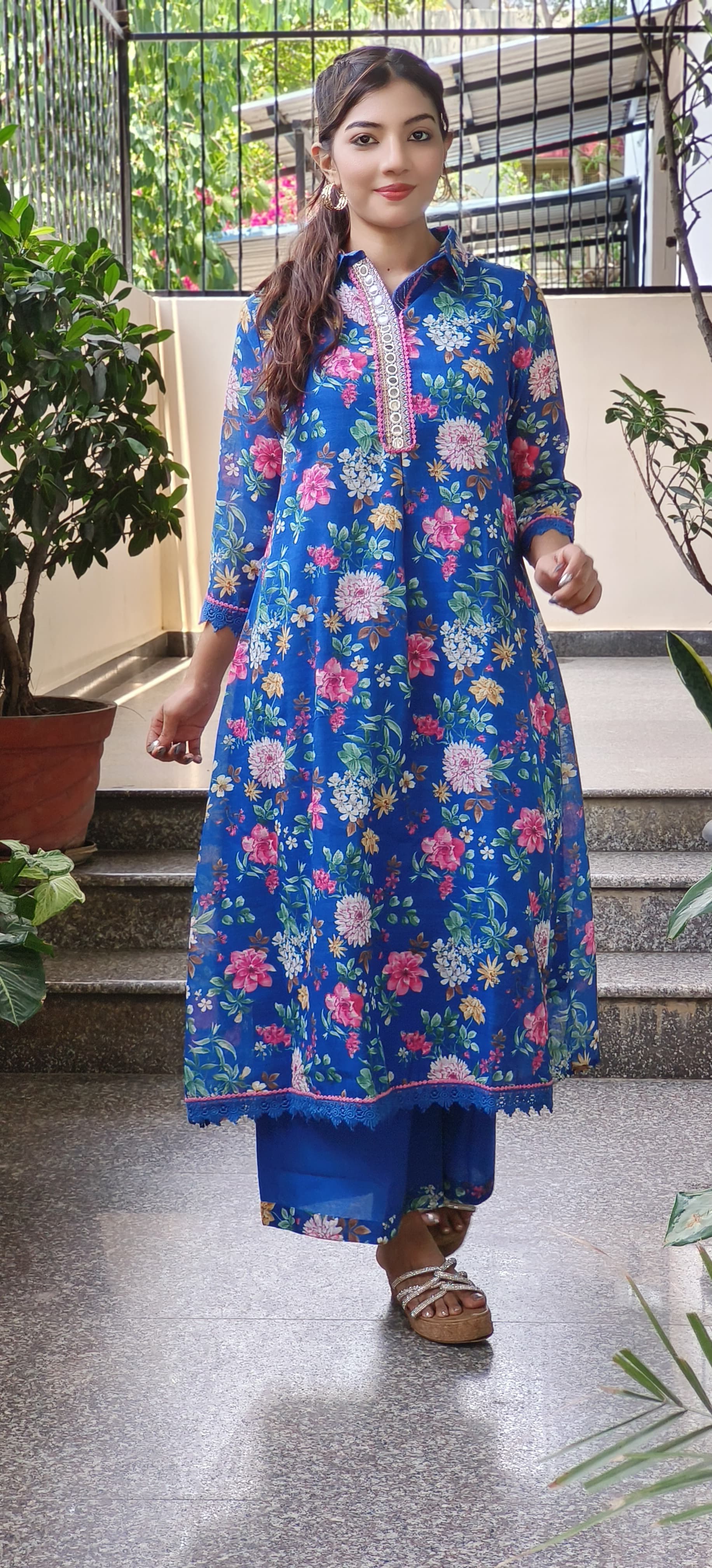 Checks Cotton Floral Print Aline Kurta Pant Set- 09569