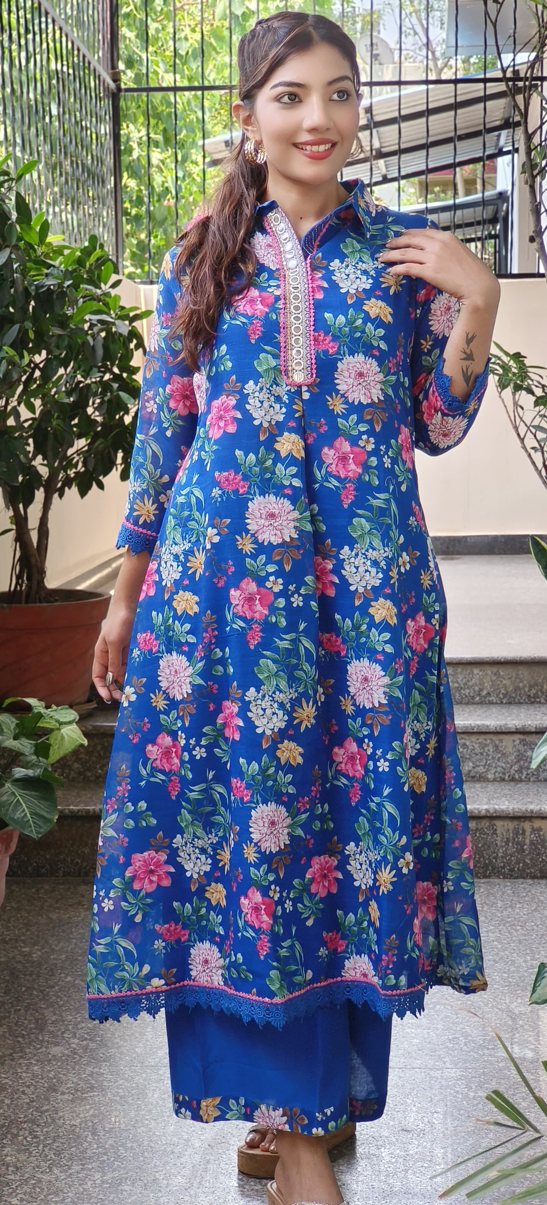 Checks Cotton Floral Print Aline Kurta Pant Set- 09569