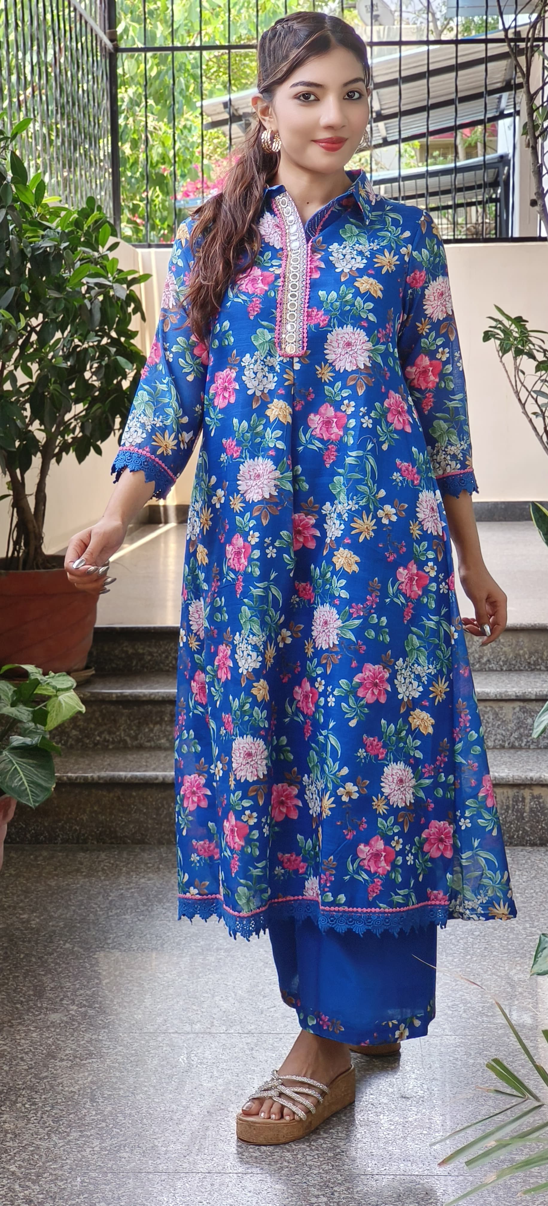 Checks Cotton Floral Print Aline Kurta Pant Set- 09569