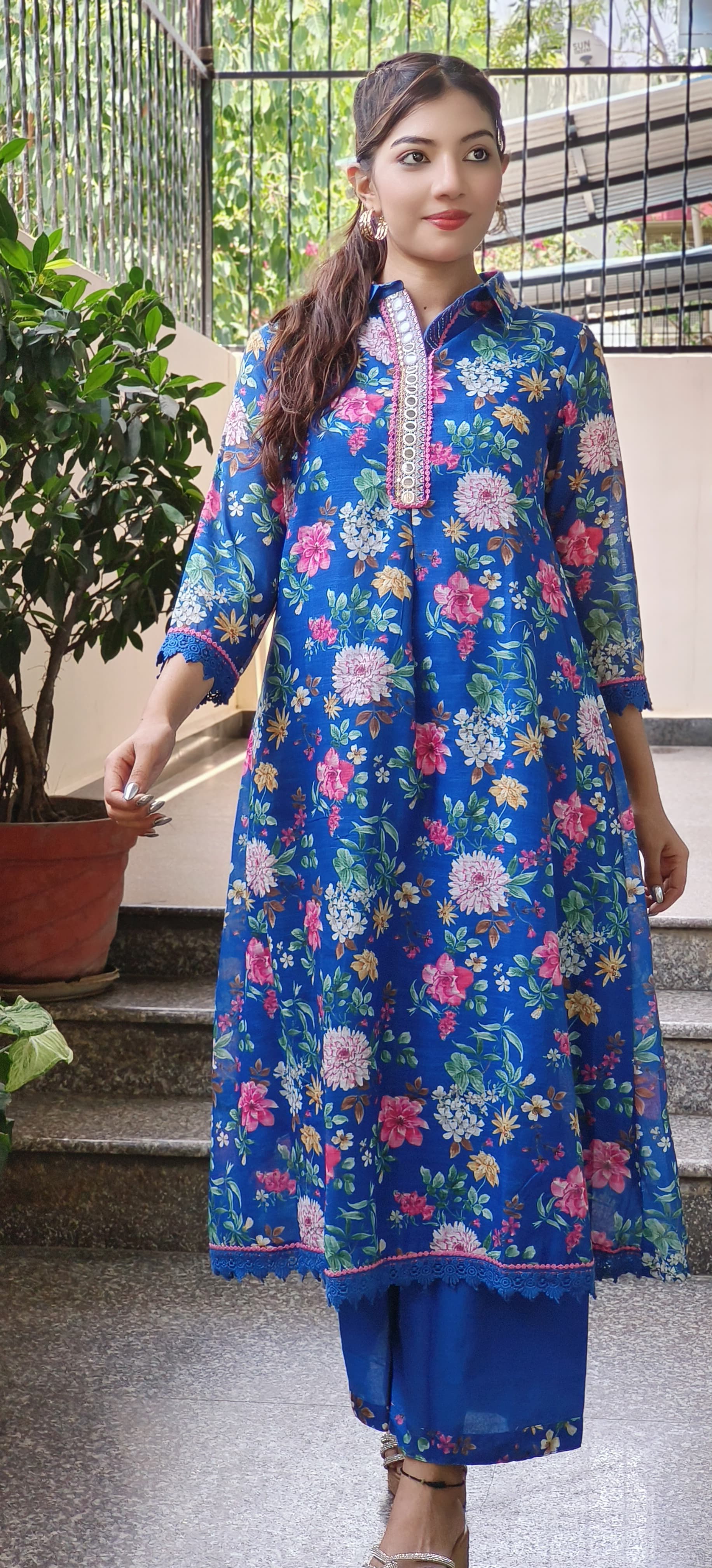 Checks Cotton Floral Print Aline Kurta Pant Set- 09569