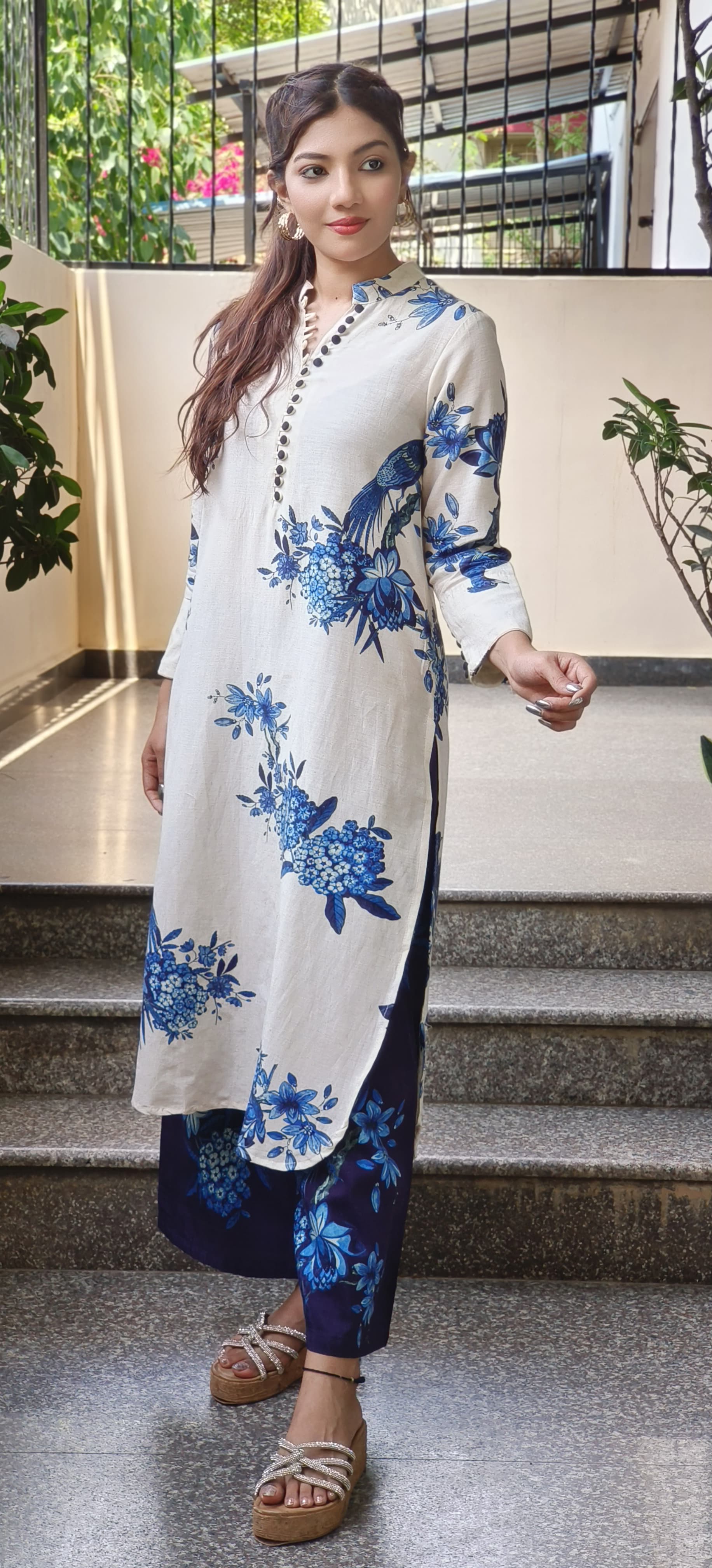 Casual Wear Linen Cotton Floral Print Kurta  With Loose Printed Palazzo