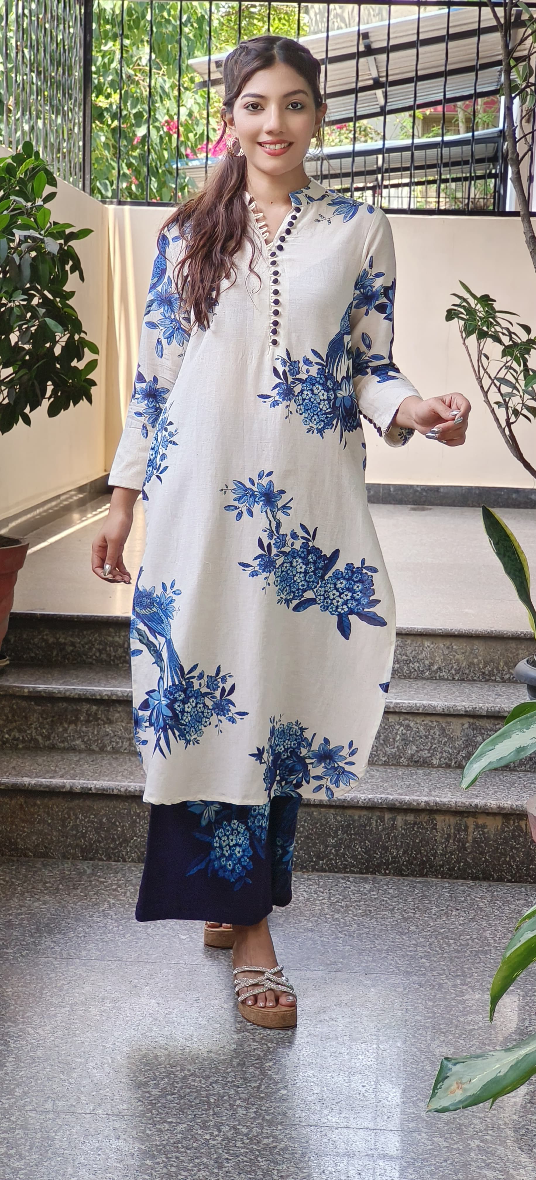 Casual Wear Linen Cotton Floral Print Kurta  With Loose Printed Palazzo