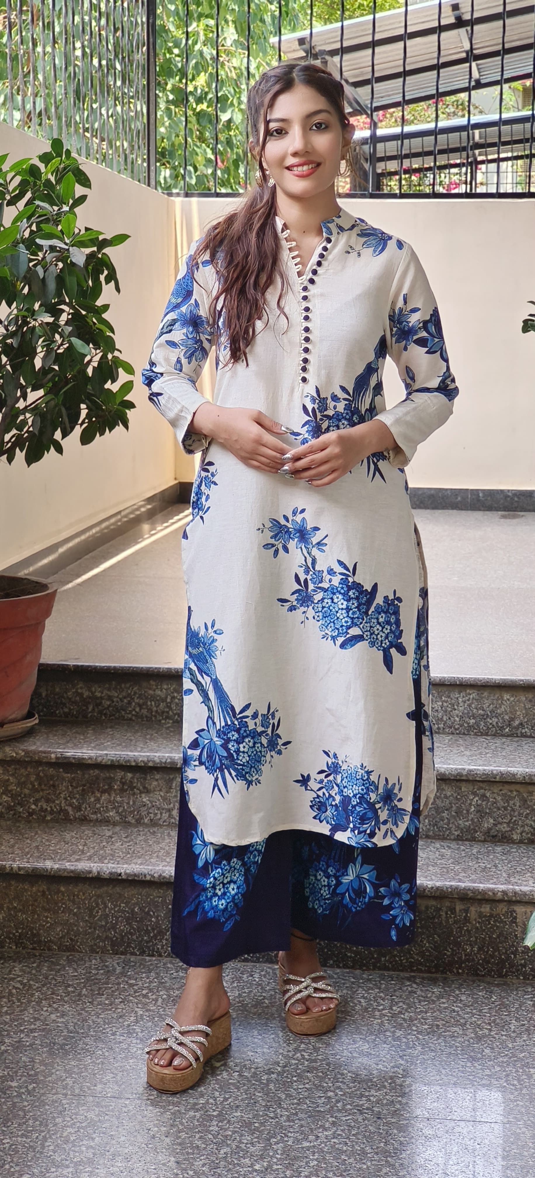 Casual Wear Linen Cotton Floral Print Kurta  With Loose Printed Palazzo