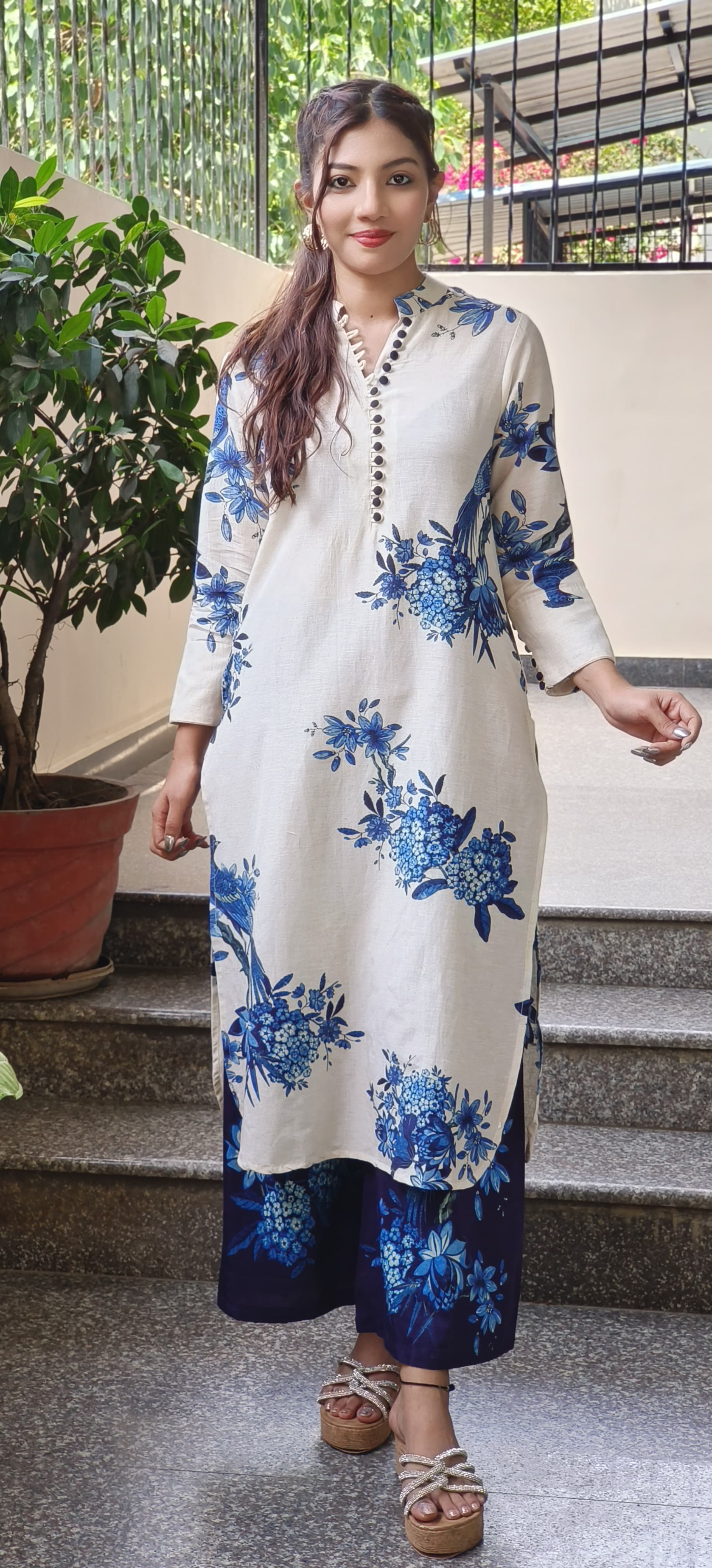 Casual Wear Linen Cotton Floral Print Kurta  With Loose Printed Palazzo