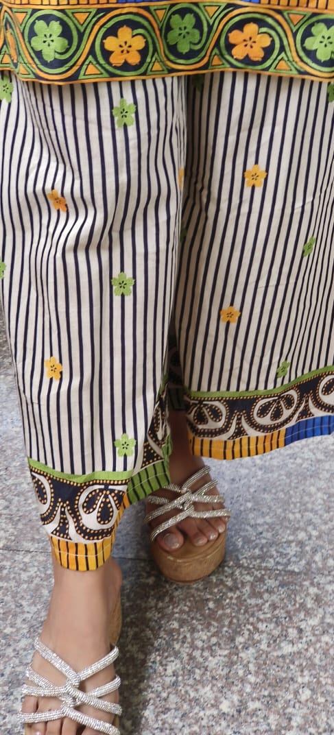 Linen Cotton  Printed Kurta with stripe palazzo 09566