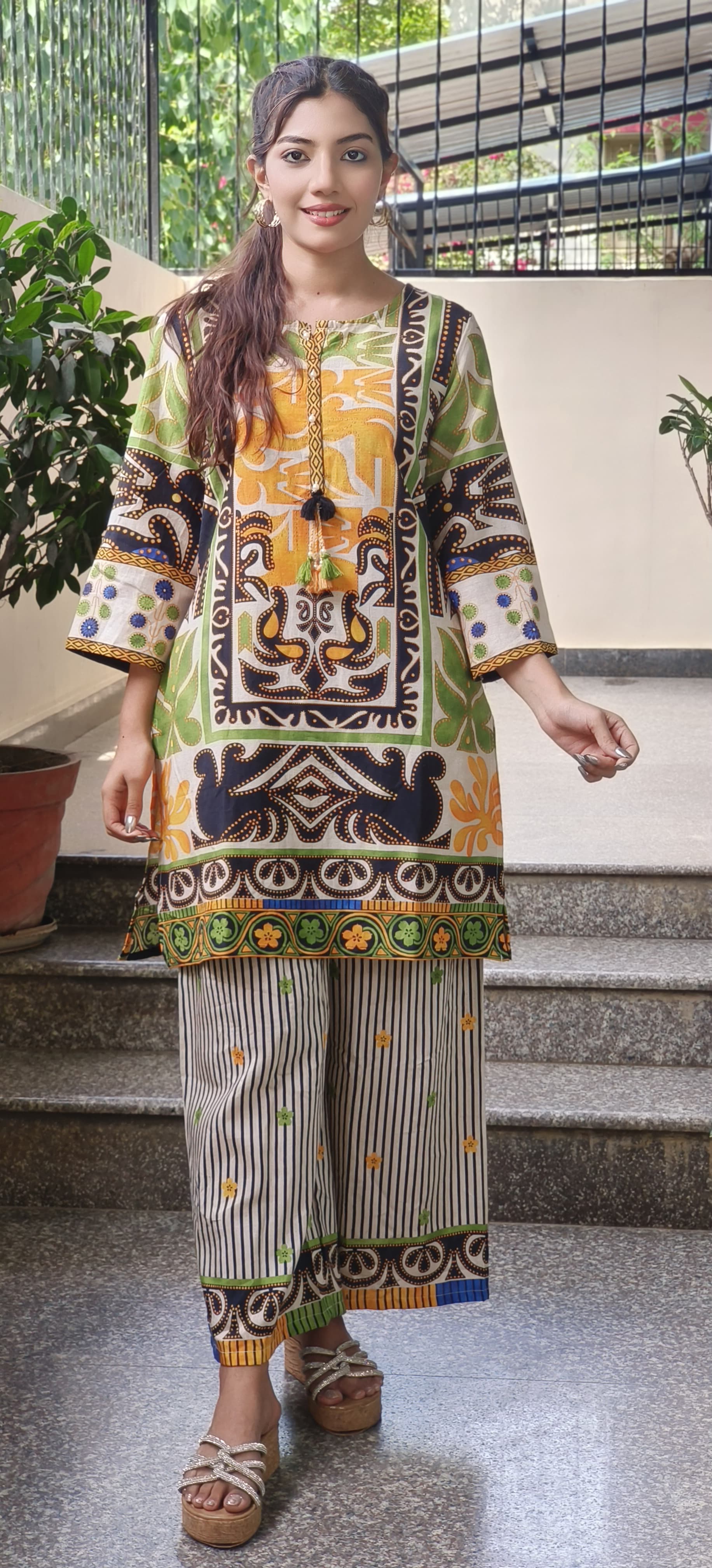 Linen Cotton  Printed Kurta with stripe palazzo 09566
