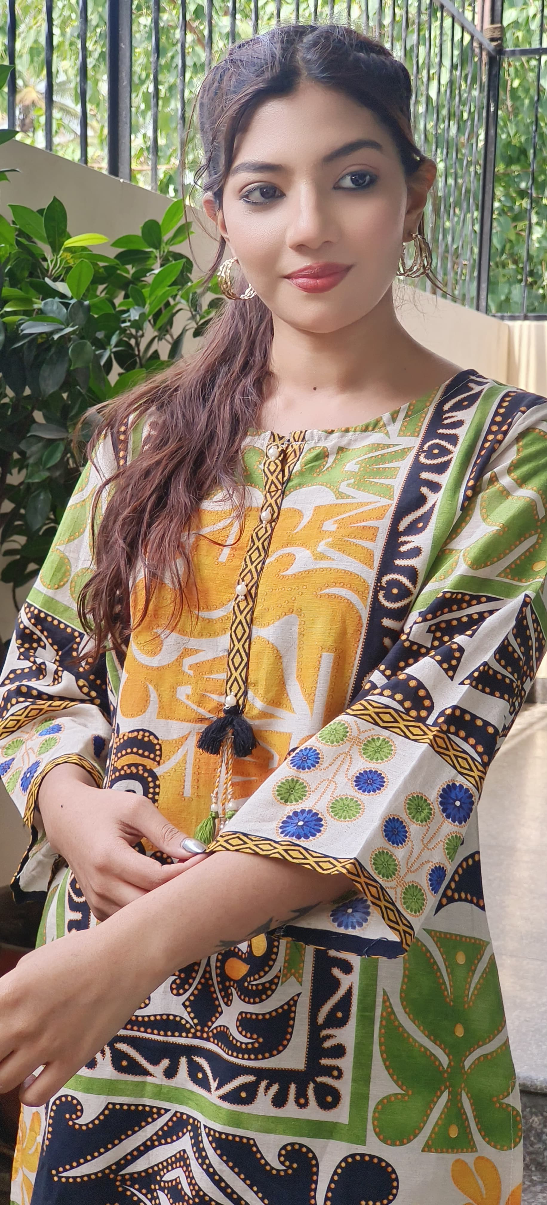 Linen Cotton  Printed Kurta with stripe palazzo 09566