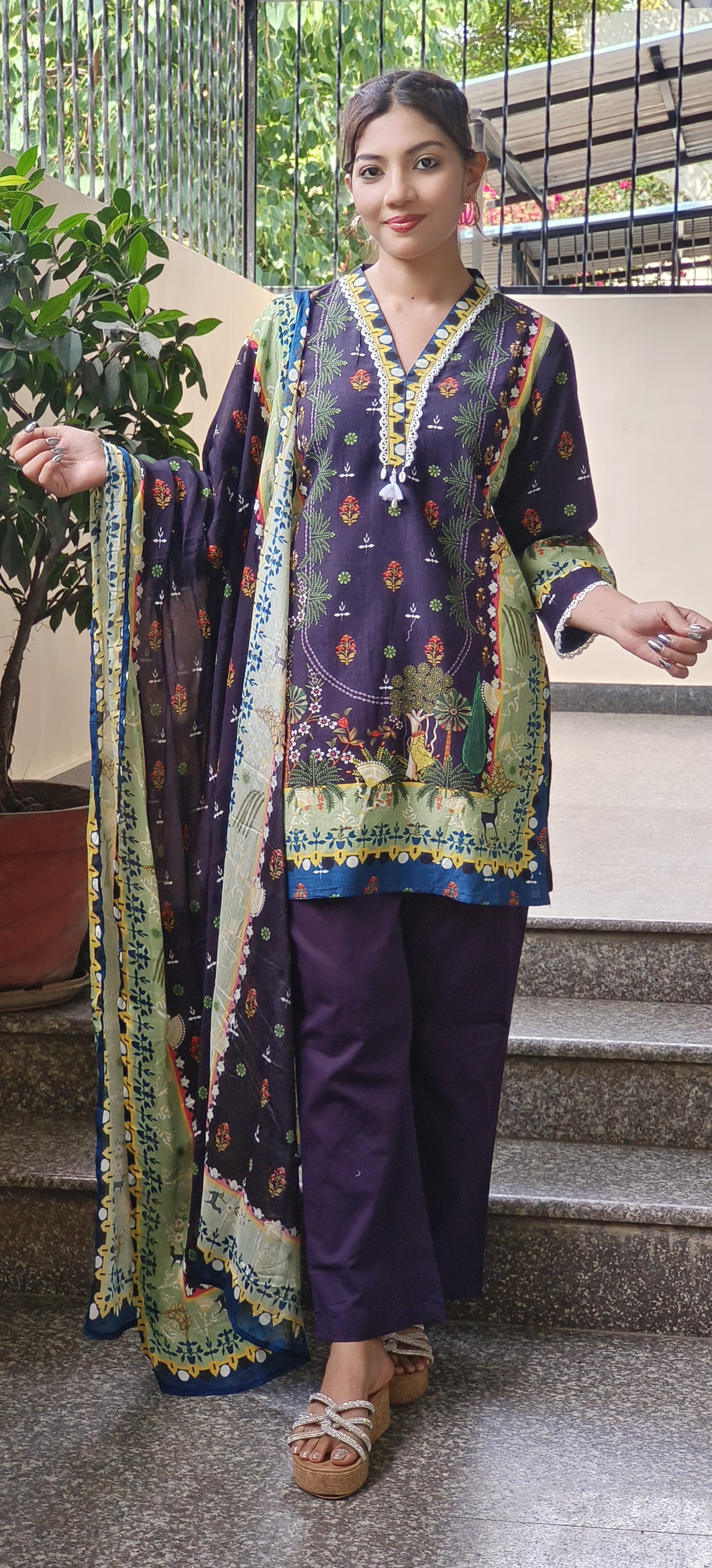 Printed linen Kurta Pant Full Set with chinon dupatta