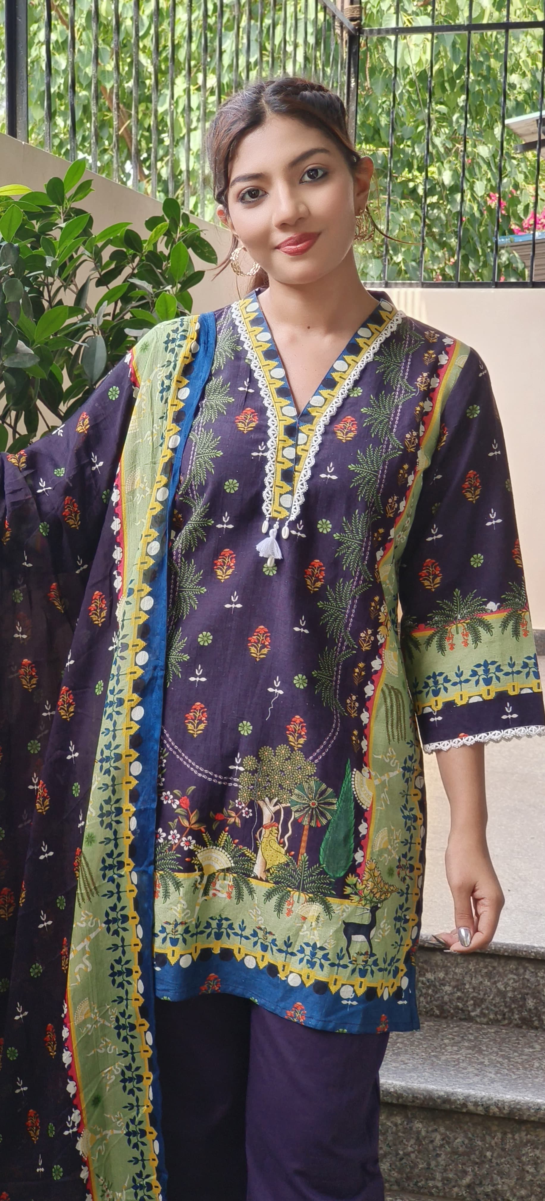 Printed linen Kurta Pant Full Set with chinon dupatta