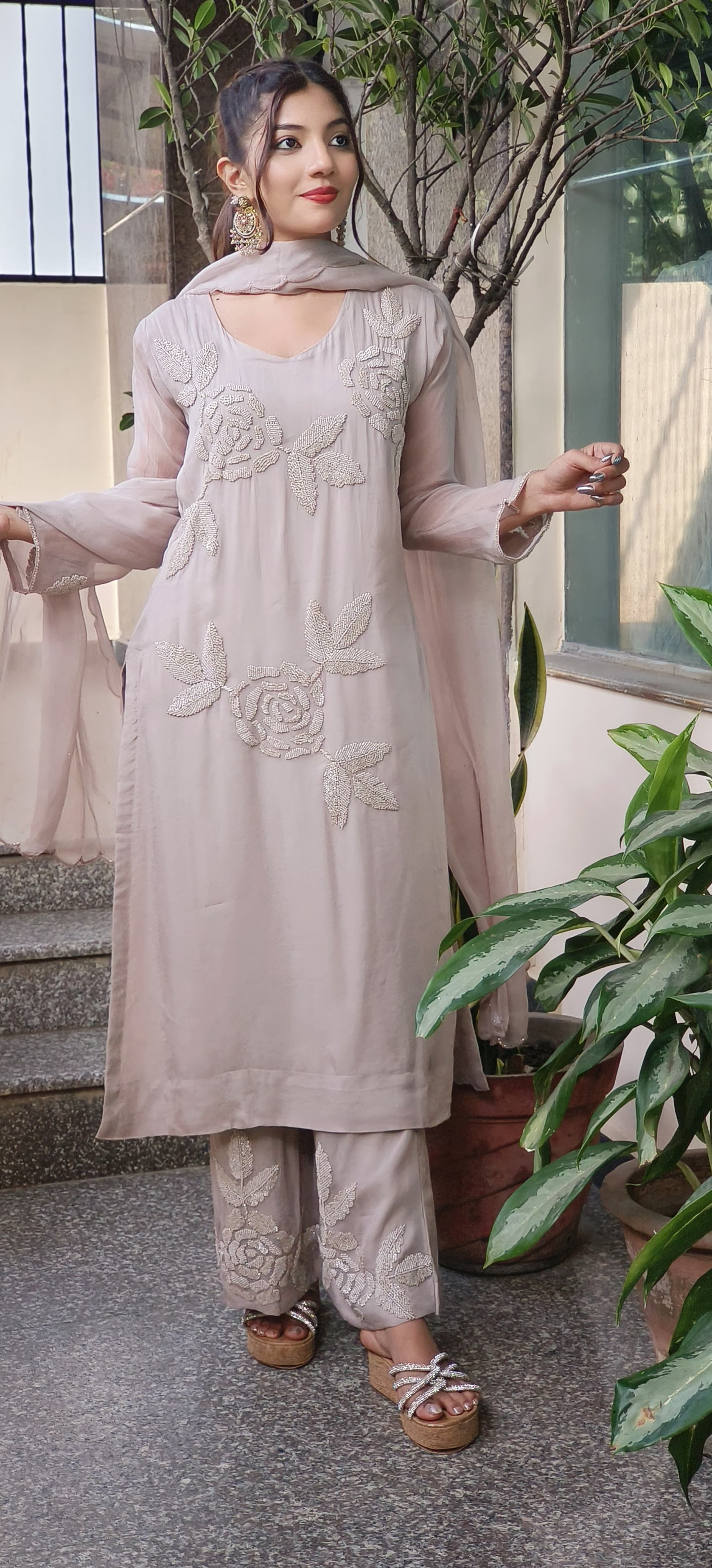 Stone Work Heavy Gorgette Full Kurta Pant Set With Dupatta-9555