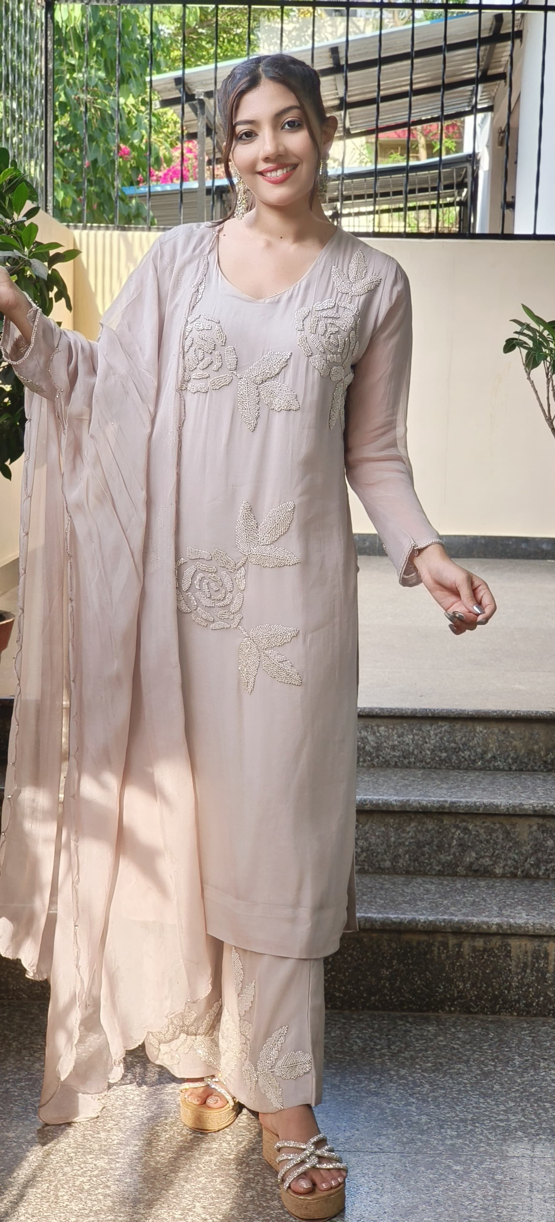 Stone Work Heavy Gorgette Full Kurta Pant Set With Dupatta-9555