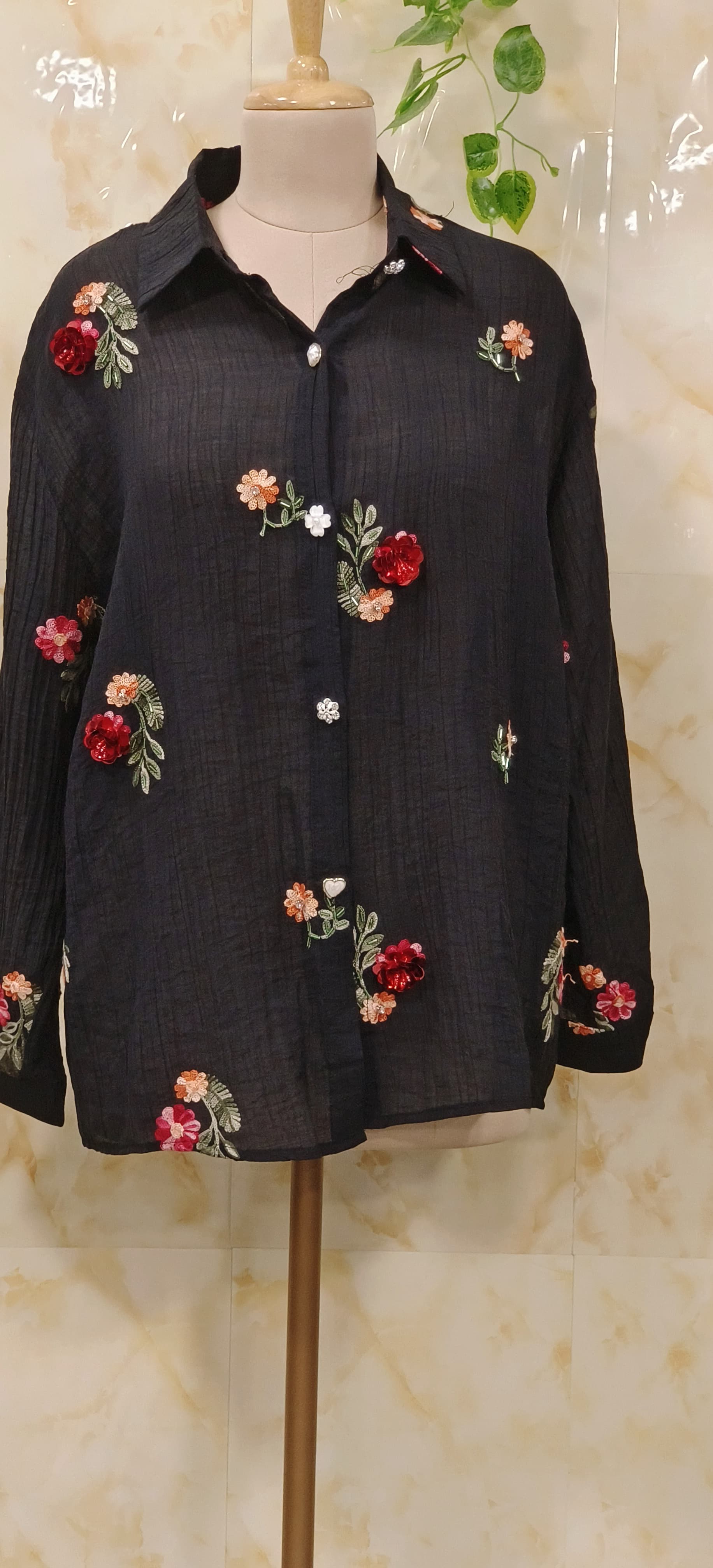 Floral Elegance Tissue Organza Sheer Transparent  Collar Shirts