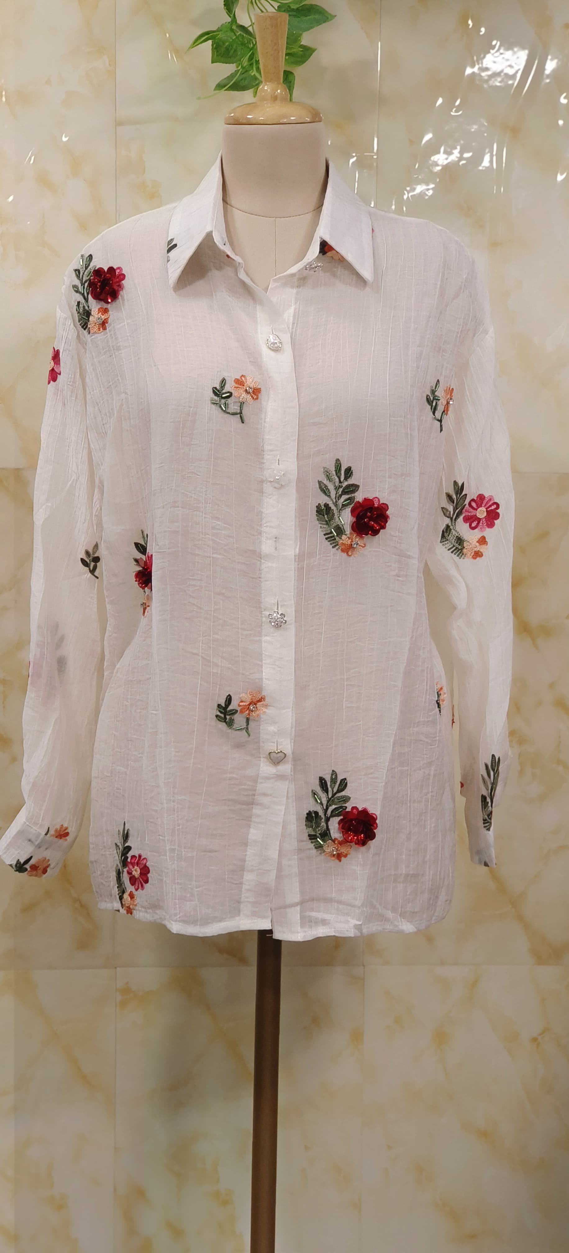 Floral Elegance Tissue Organza Sheer Transparent  Collar Shirts