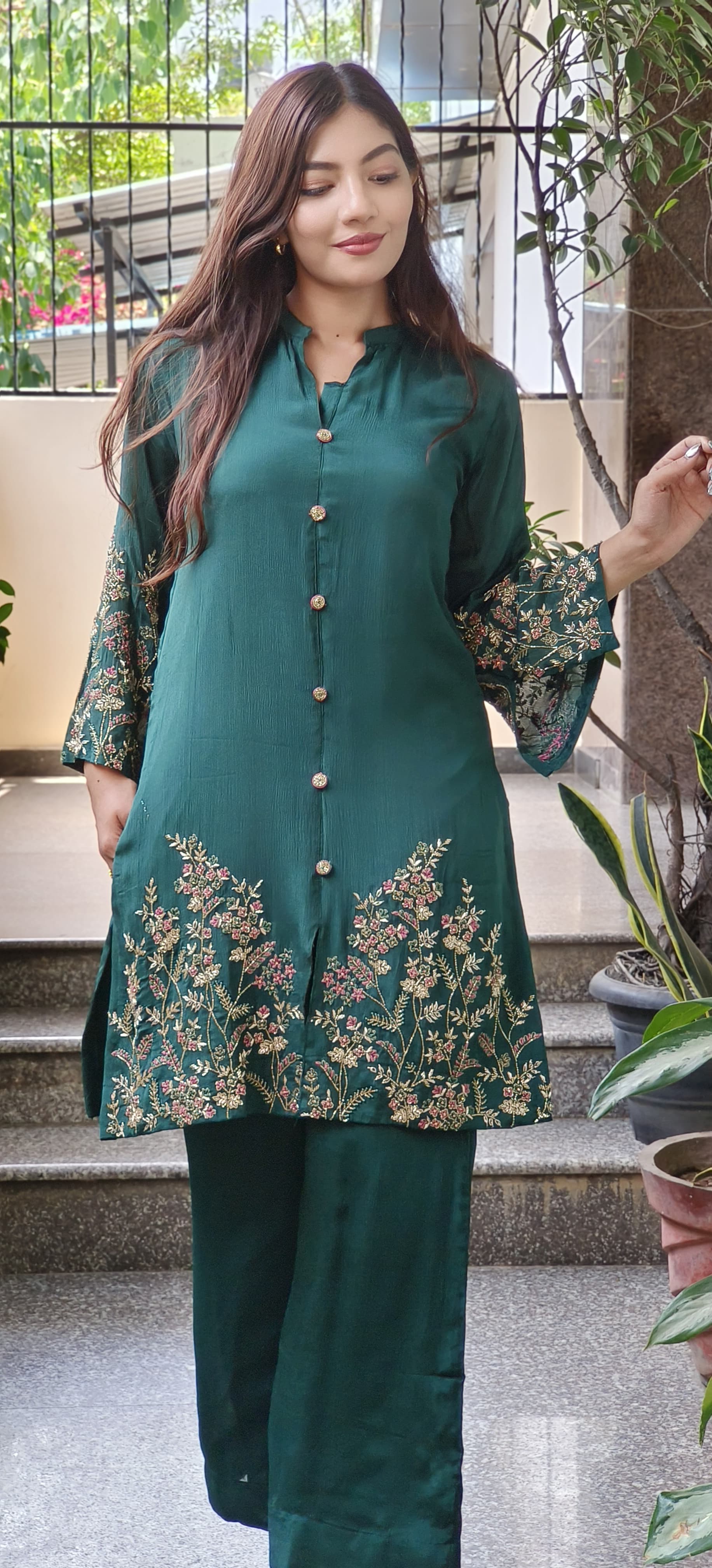 Cut Dana Hand Embroidered  Chinon Fabric  Work Kurta with Loose Pant  Cord set