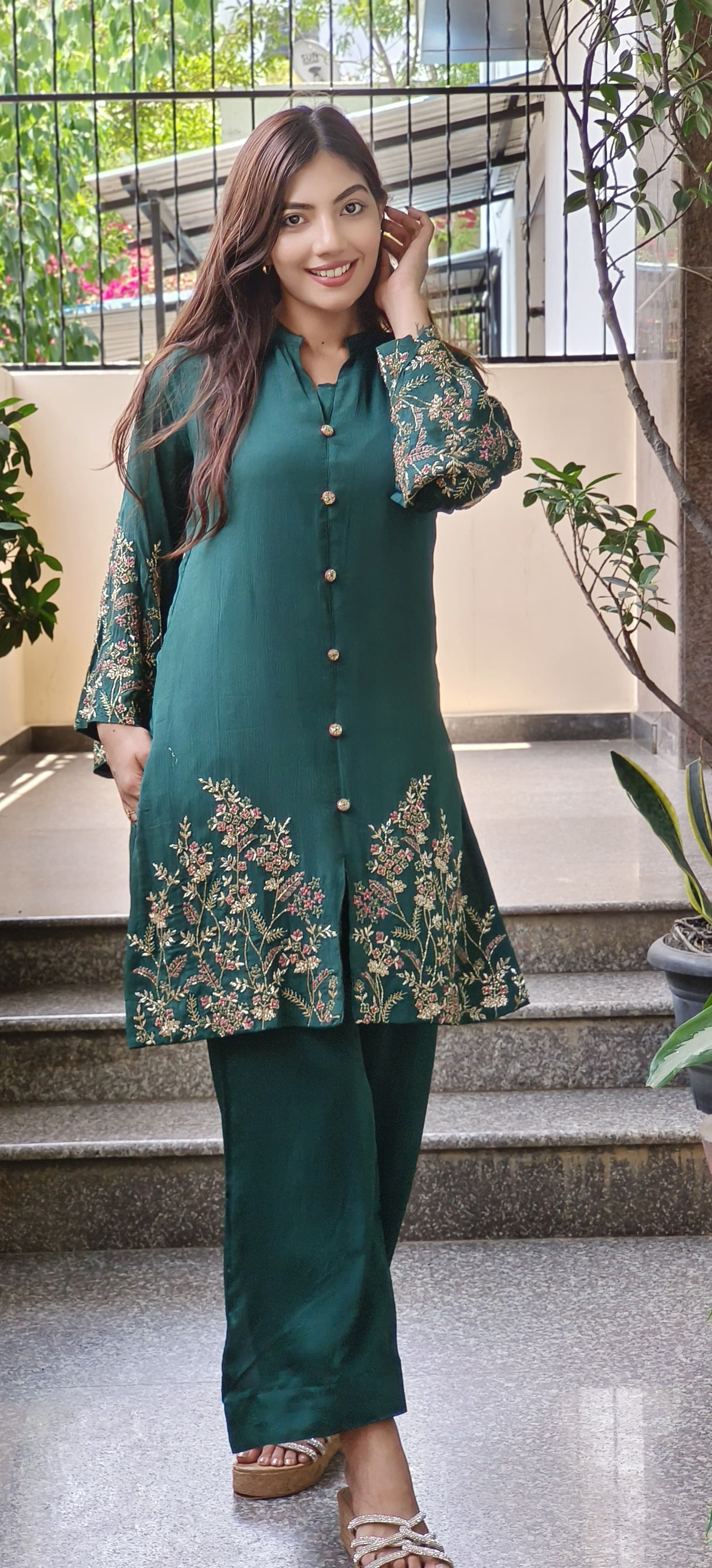 Cut Dana Hand Embroidered  Chinon Fabric  Work Kurta with Loose Pant  Cord set