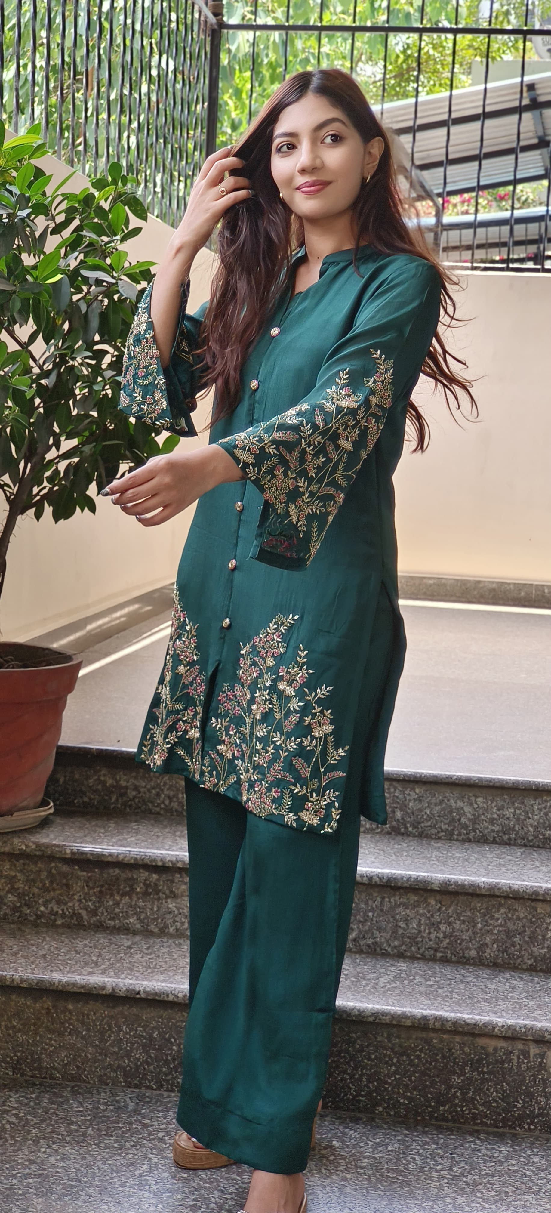 Cut Dana Hand Embroidered  Chinon Fabric  Work Kurta with Loose Pant  Cord set