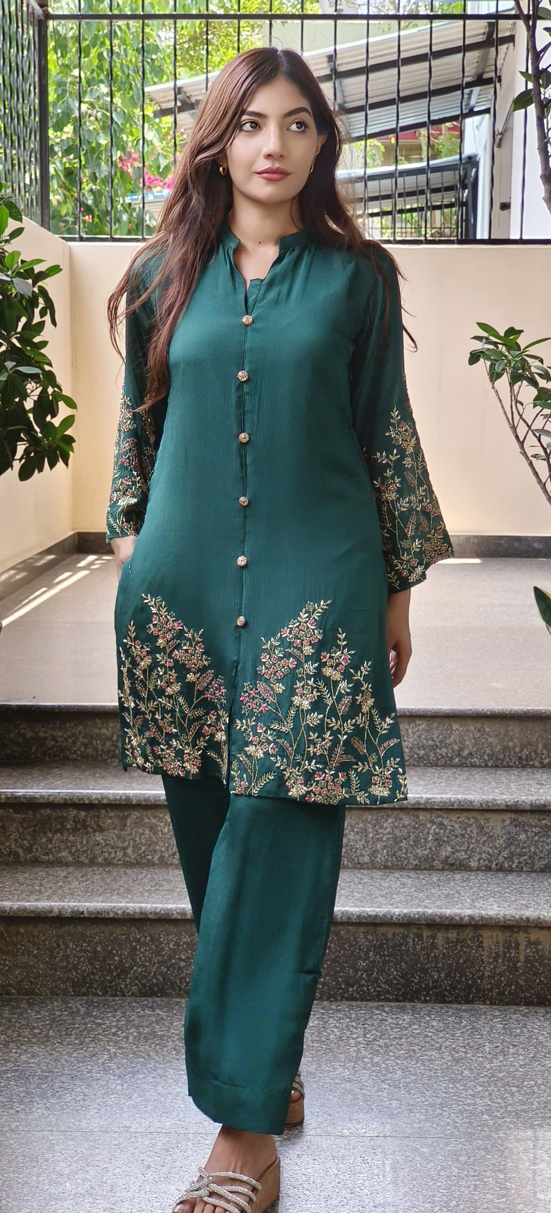 Cut Dana Hand Embroidered  Chinon Fabric  Work Kurta with Loose Pant  Cord set
