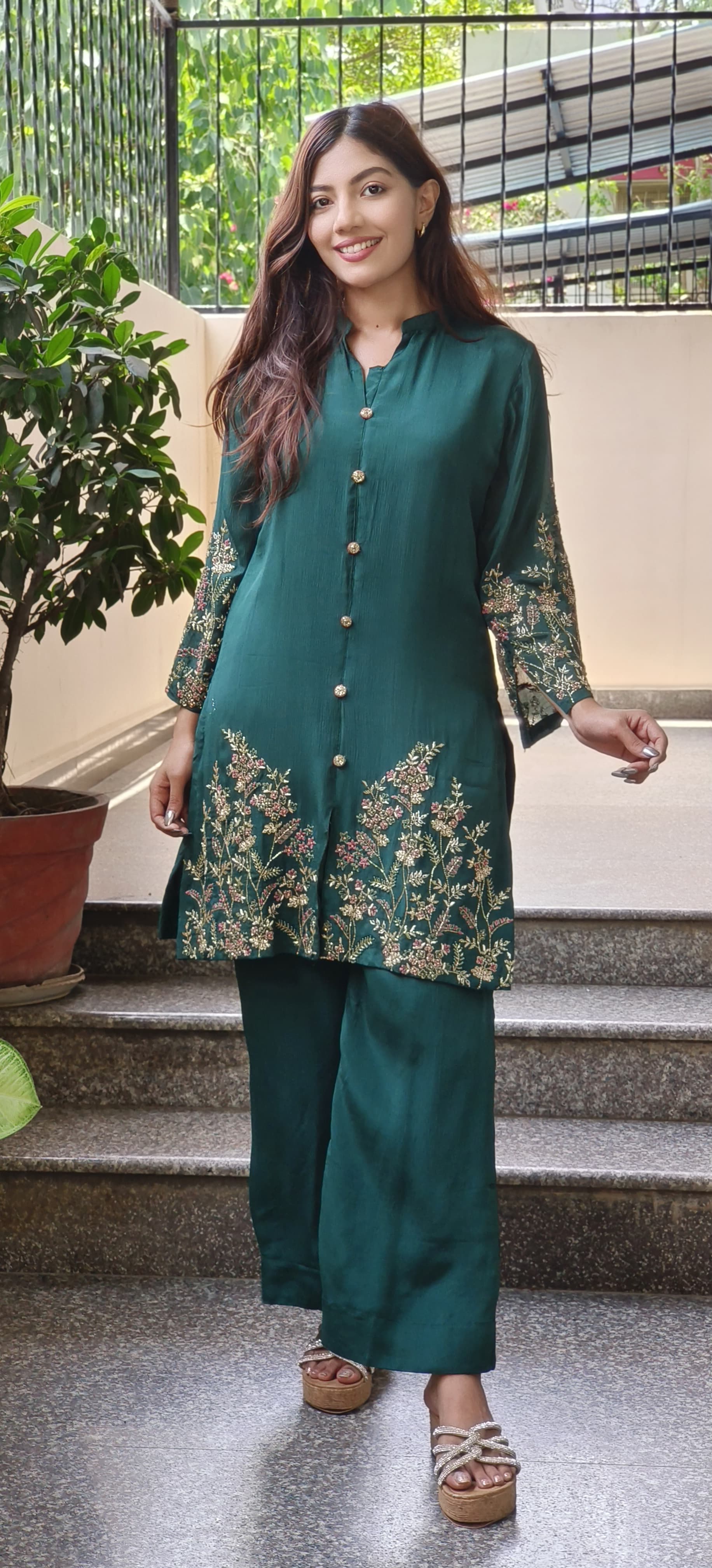 Cut Dana Hand Embroidered  Chinon Fabric  Work Kurta with Loose Pant  Cord set