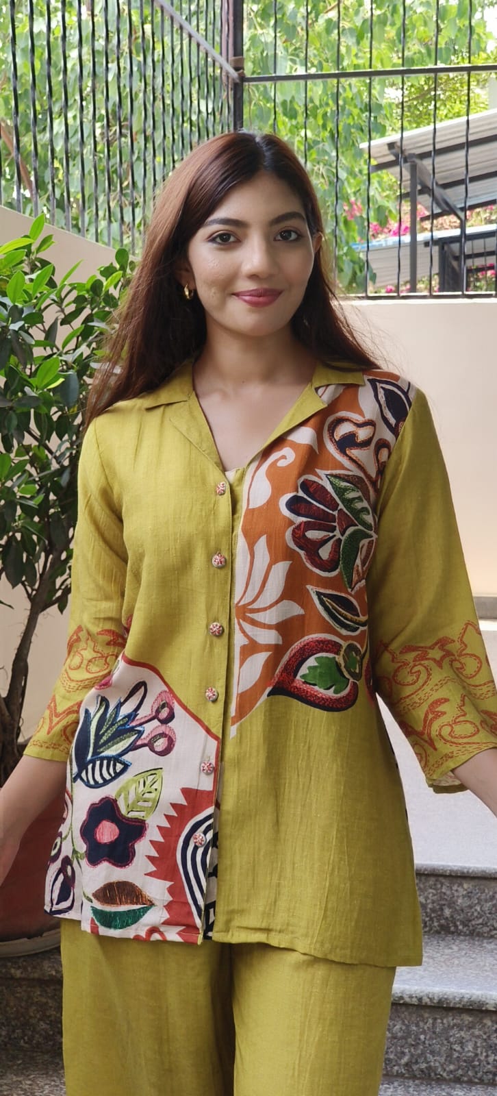 Stylish Pure Linen Fabric Cord Set In Placement Floral Print- 09590