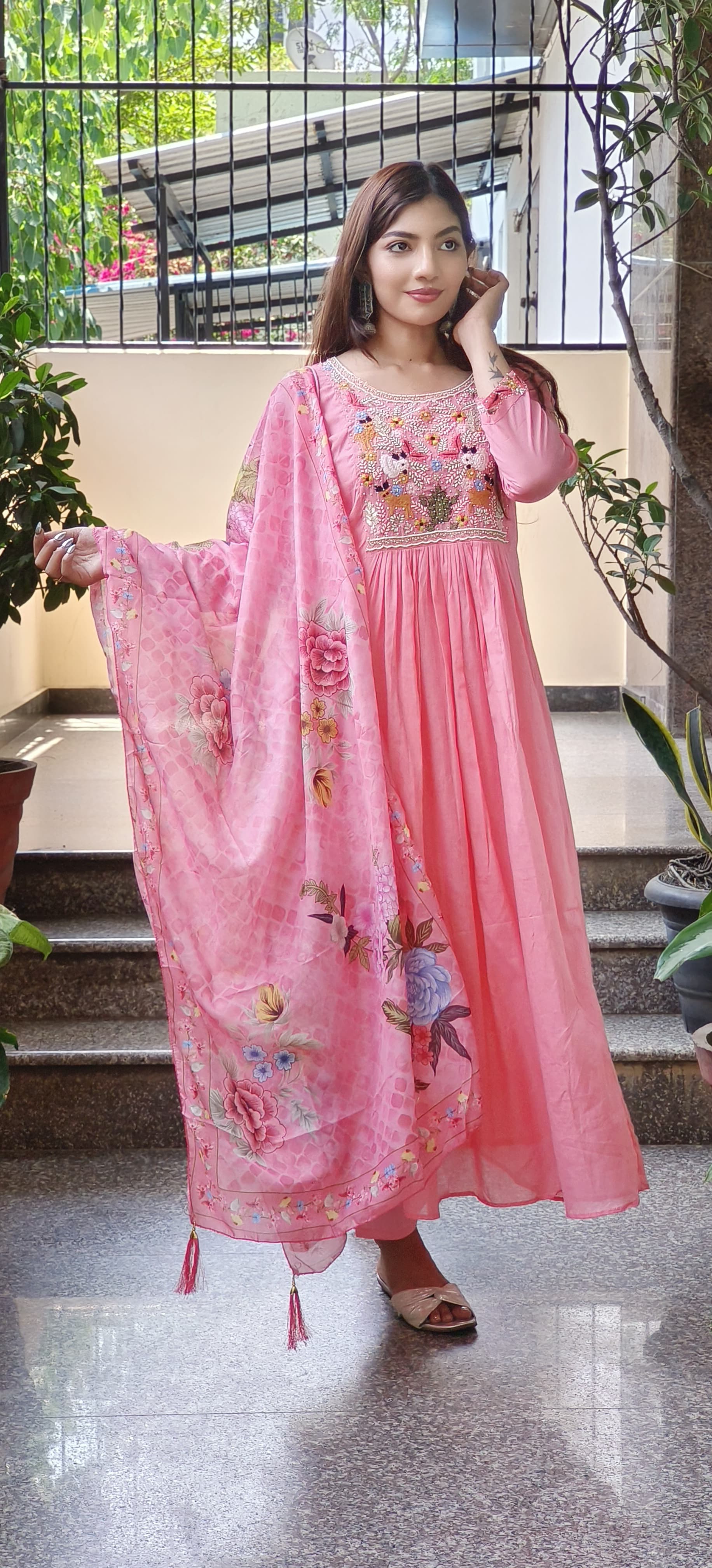 Floral  Preal Embroidered  Work  Mull Cotton Kurta Pant With Floral Dupatta  Set-