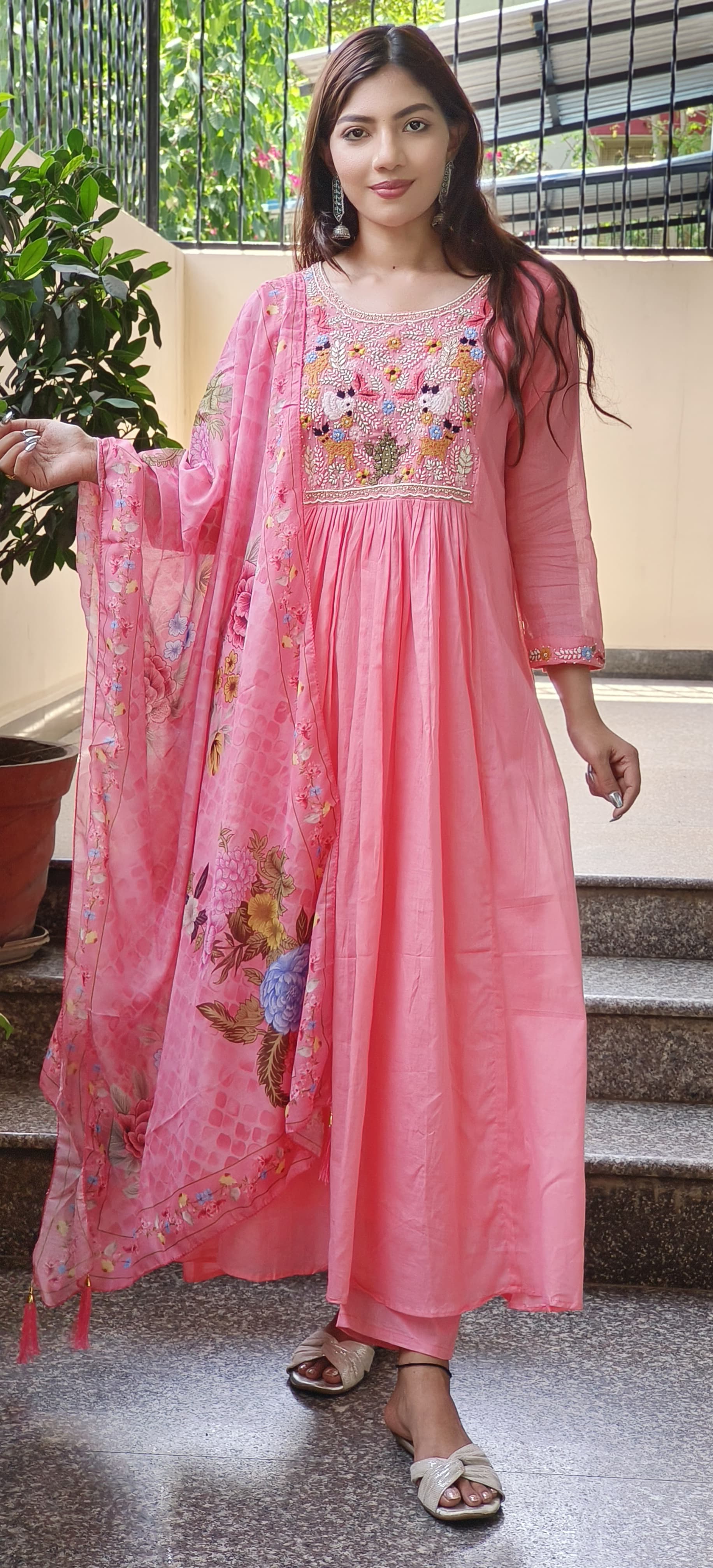 Floral  Preal Embroidered  Work  Mull Cotton Kurta Pant With Floral Dupatta  Set-