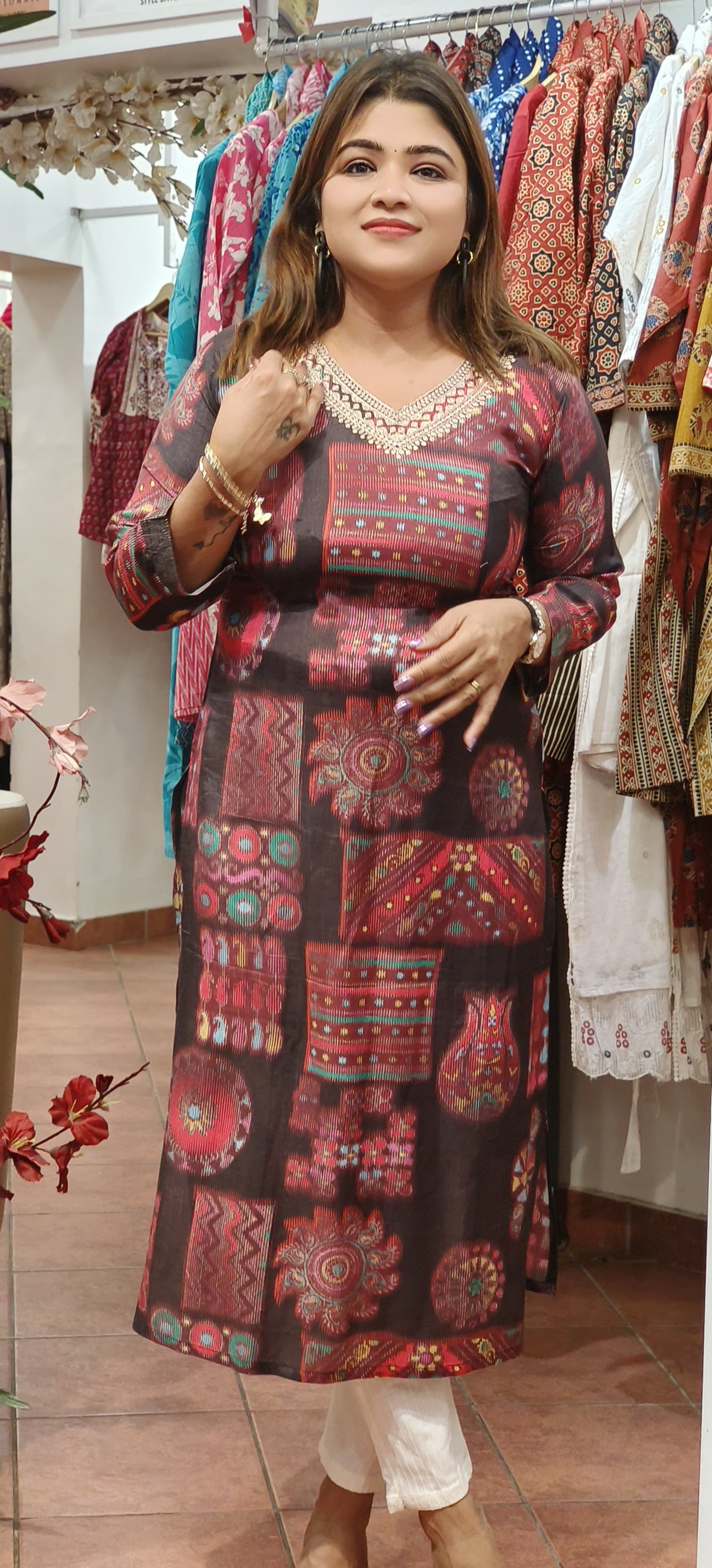 Multicolored Muslin Kurti Only With Zari Work- 08166