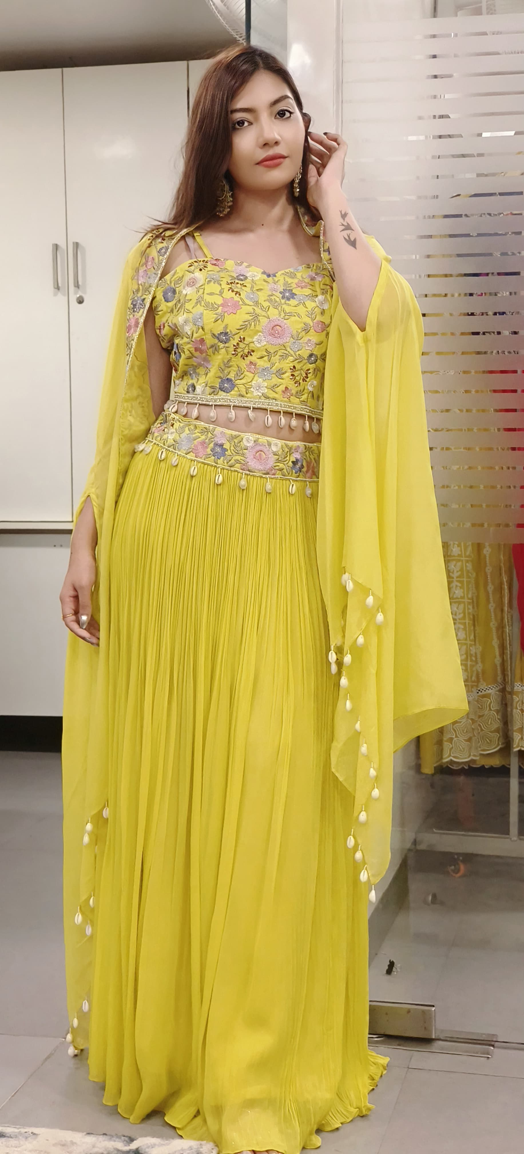 Stylish Floral Embroidered Padded Crop Indo Western Georgette Skirt With Organza Shrug 09670-69