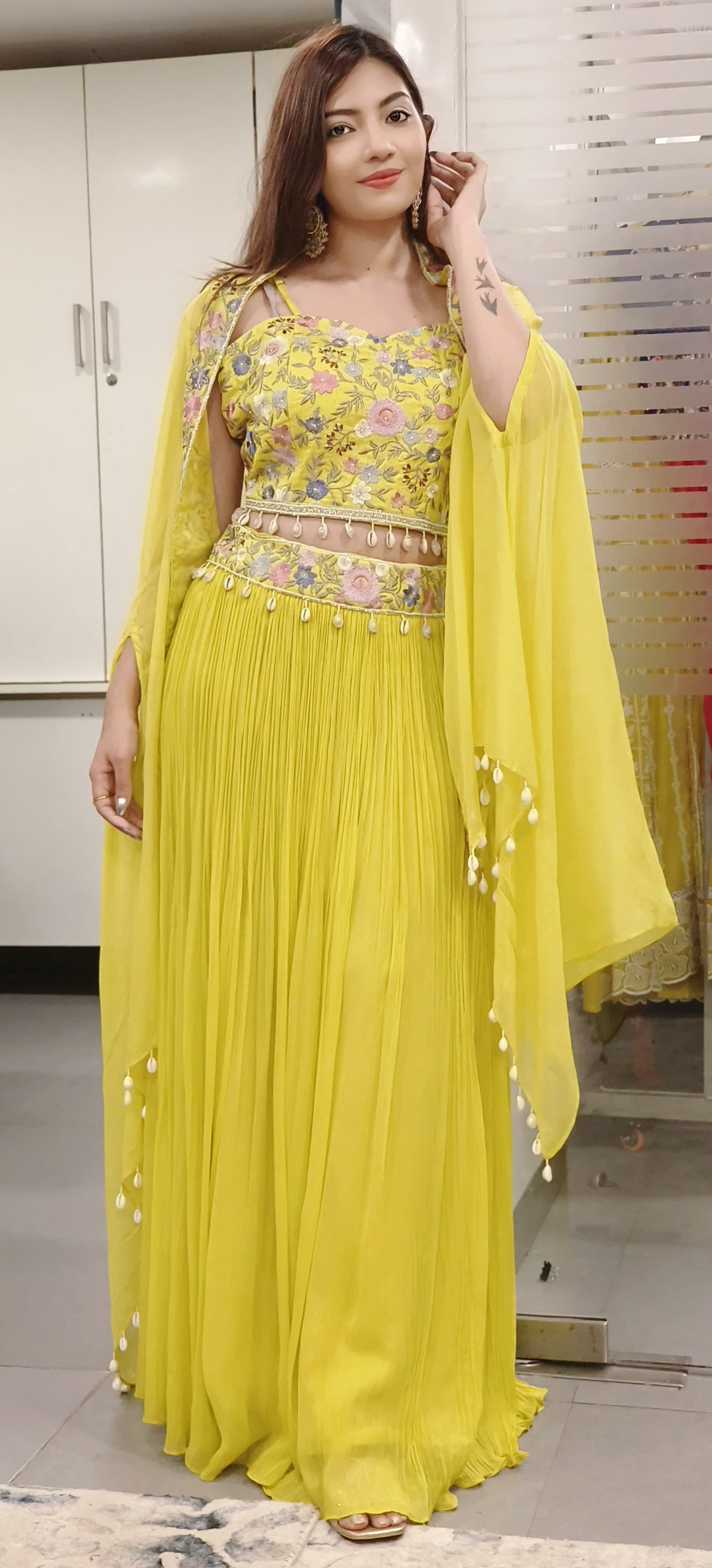 Stylish Floral Embroidered Padded Crop Indo Western Georgette Skirt With Organza Shrug 09670-69