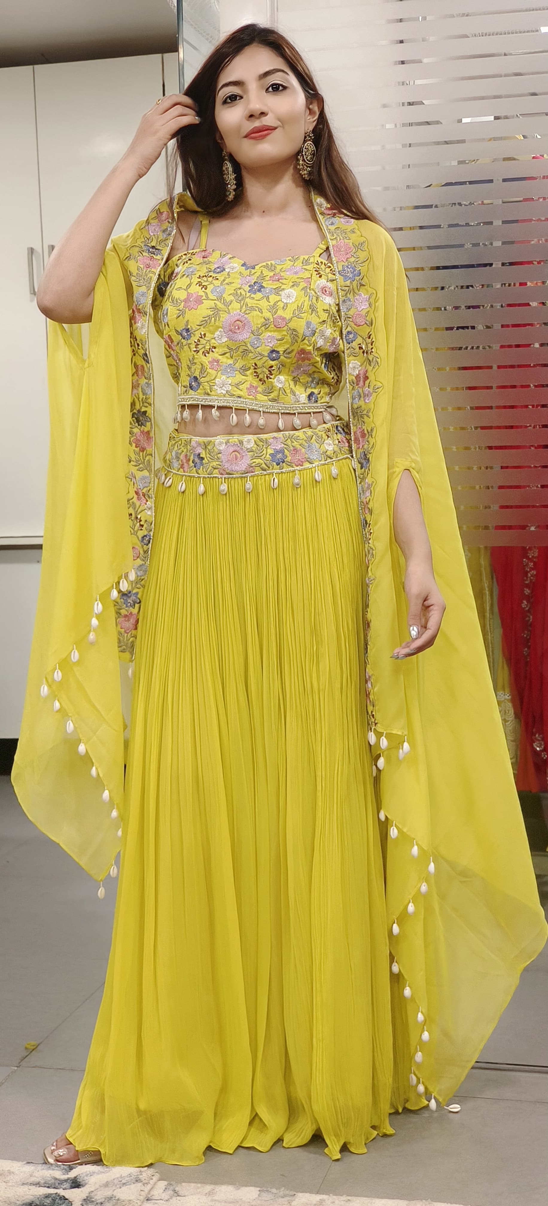 Stylish Floral Embroidered Padded Crop Indo Western Georgette Skirt With Organza Shrug 09670-69