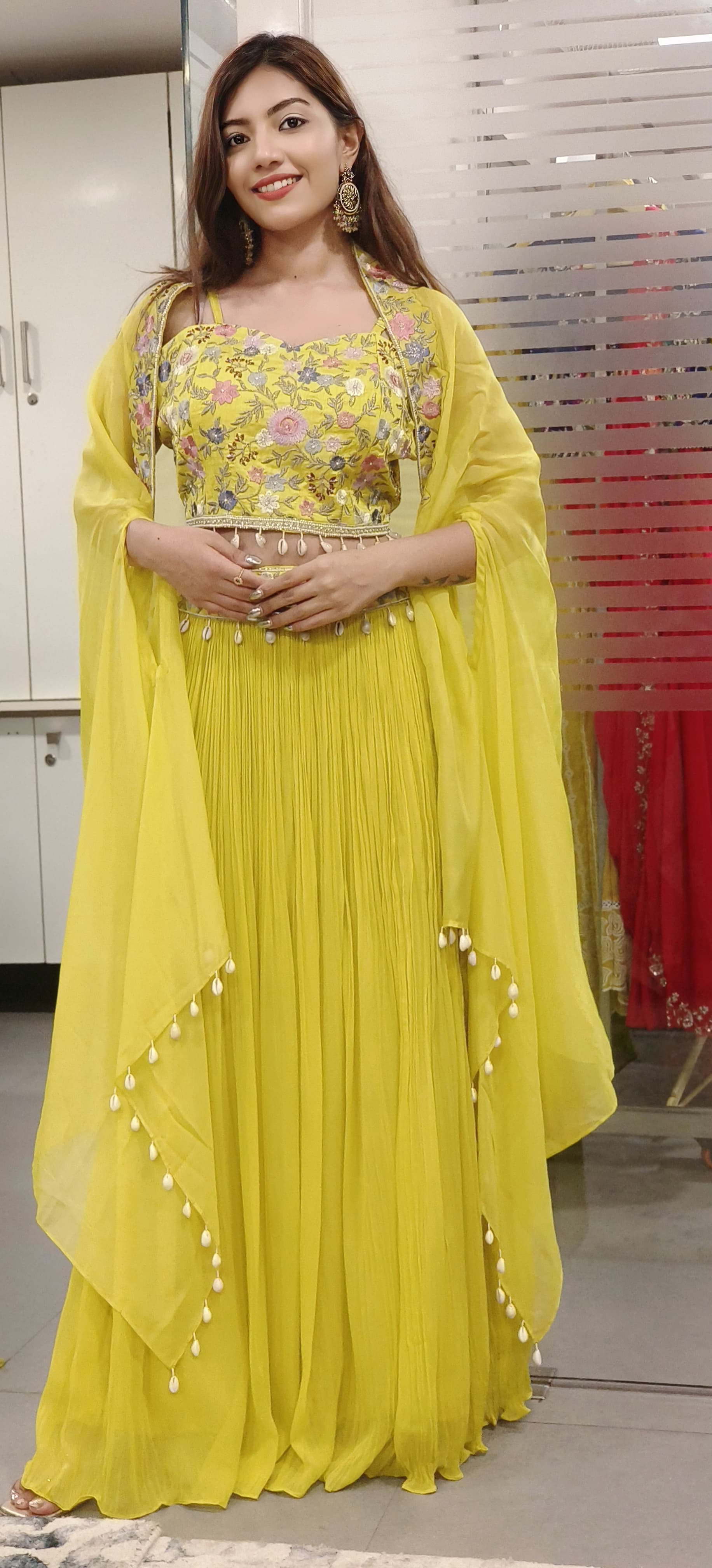 Stylish Floral Embroidered Padded Crop Indo Western Georgette Skirt With Organza Shrug 09670-69