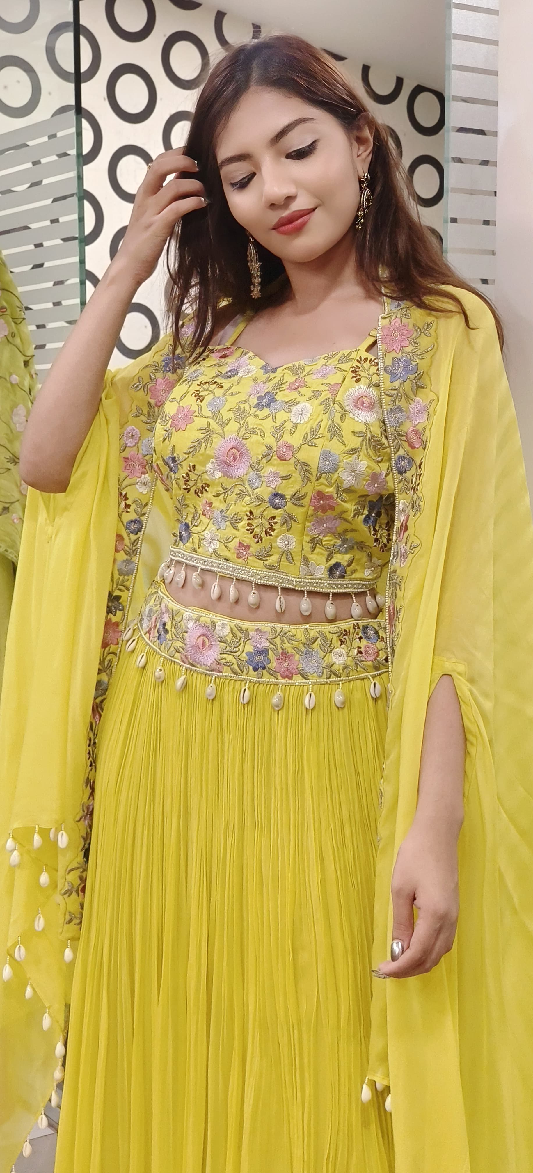 Stylish Floral Embroidered Padded Crop Indo Western Georgette Skirt With Organza Shrug 09670-69