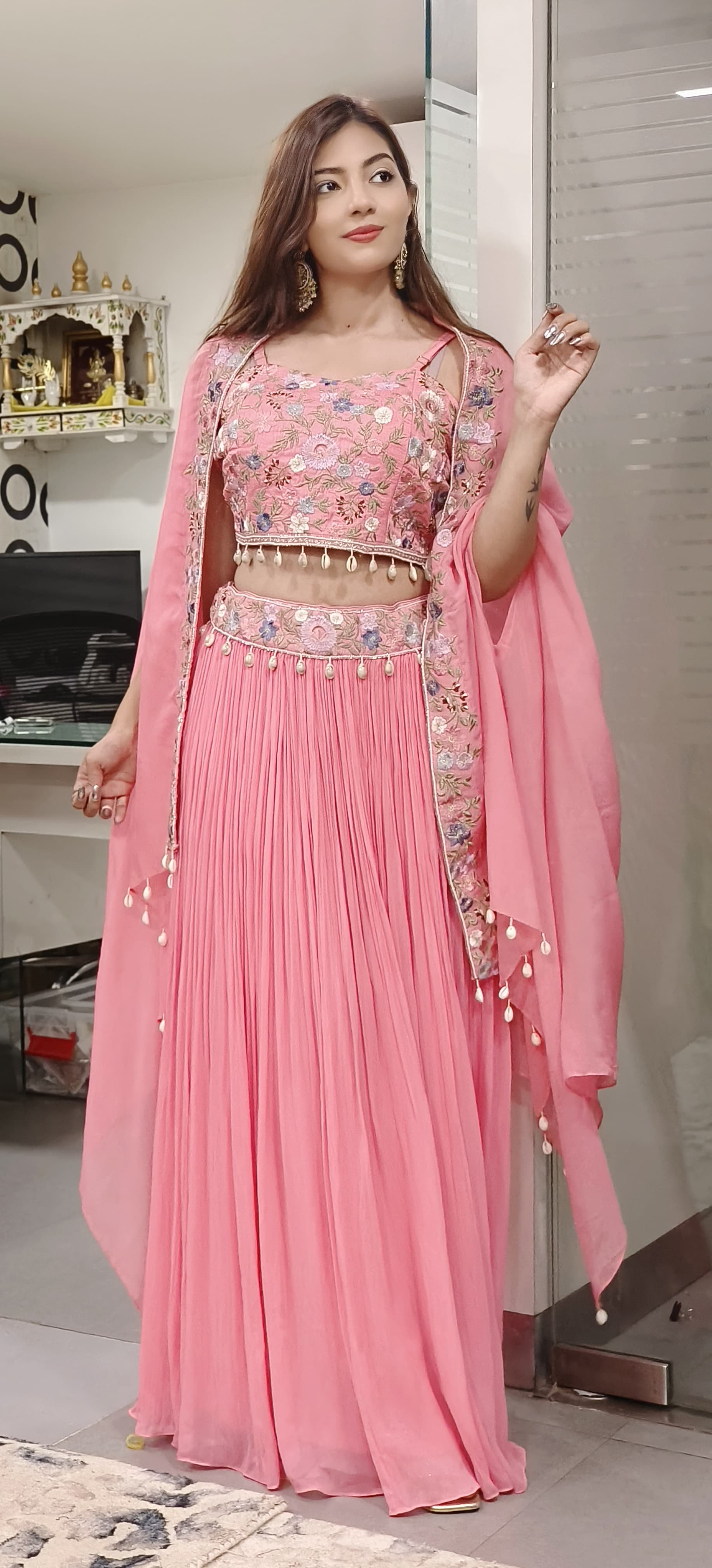Stylish Floral Embroidered Padded Crop Indo Western Georgette Skirt With Organza Shrug 09670-69
