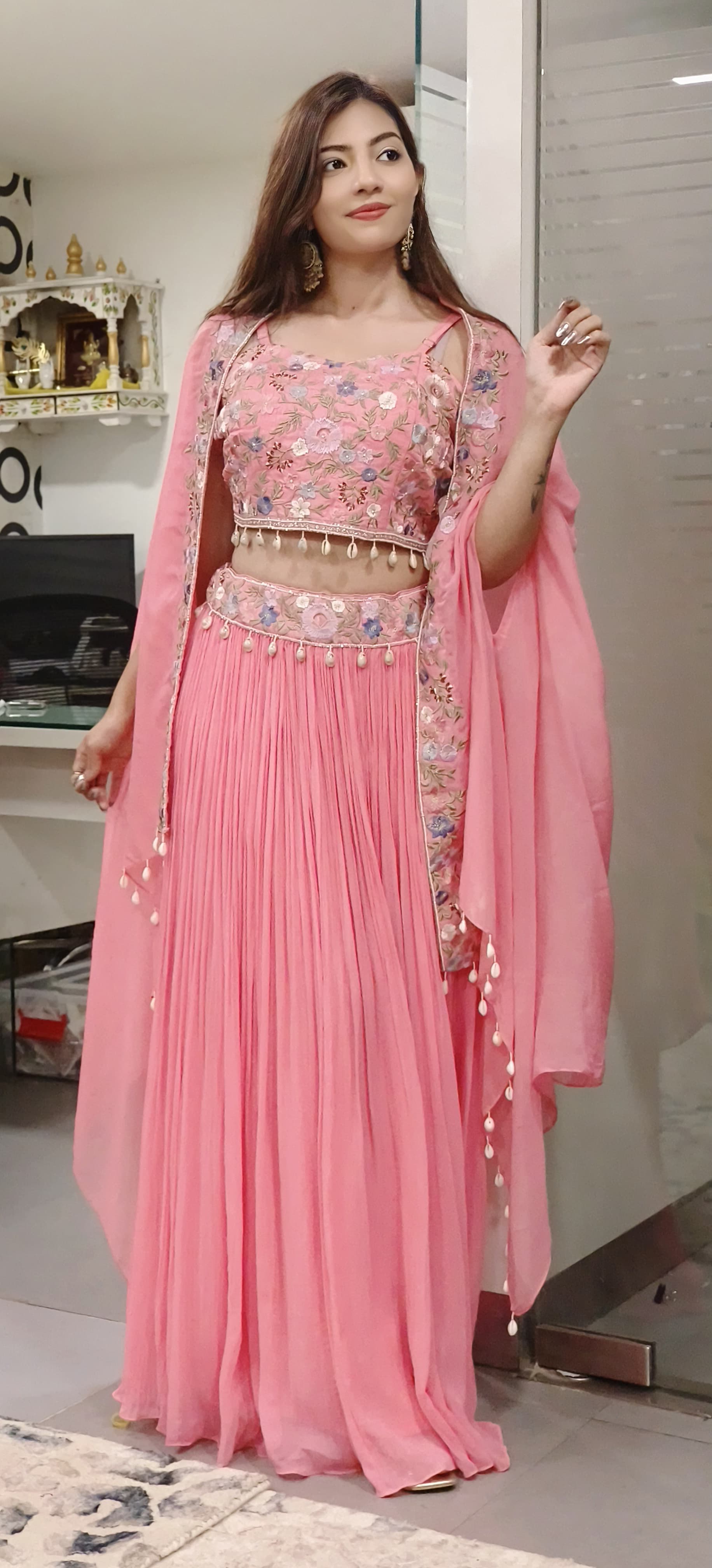 Stylish Floral Embroidered Padded Crop Indo Western Georgette Skirt With Organza Shrug 09670-69