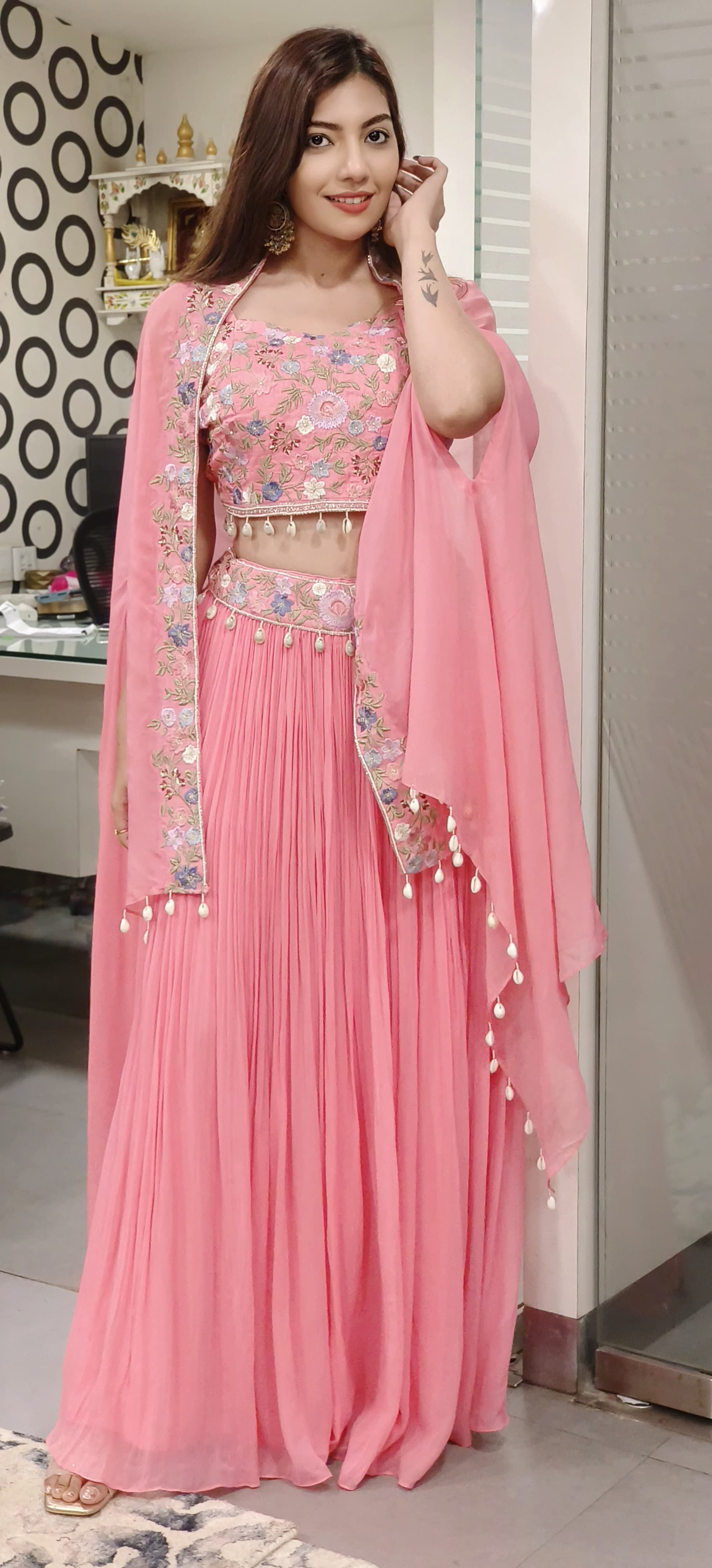 Stylish Floral Embroidered Padded Crop Indo Western Georgette Skirt With Organza Shrug 09670-69