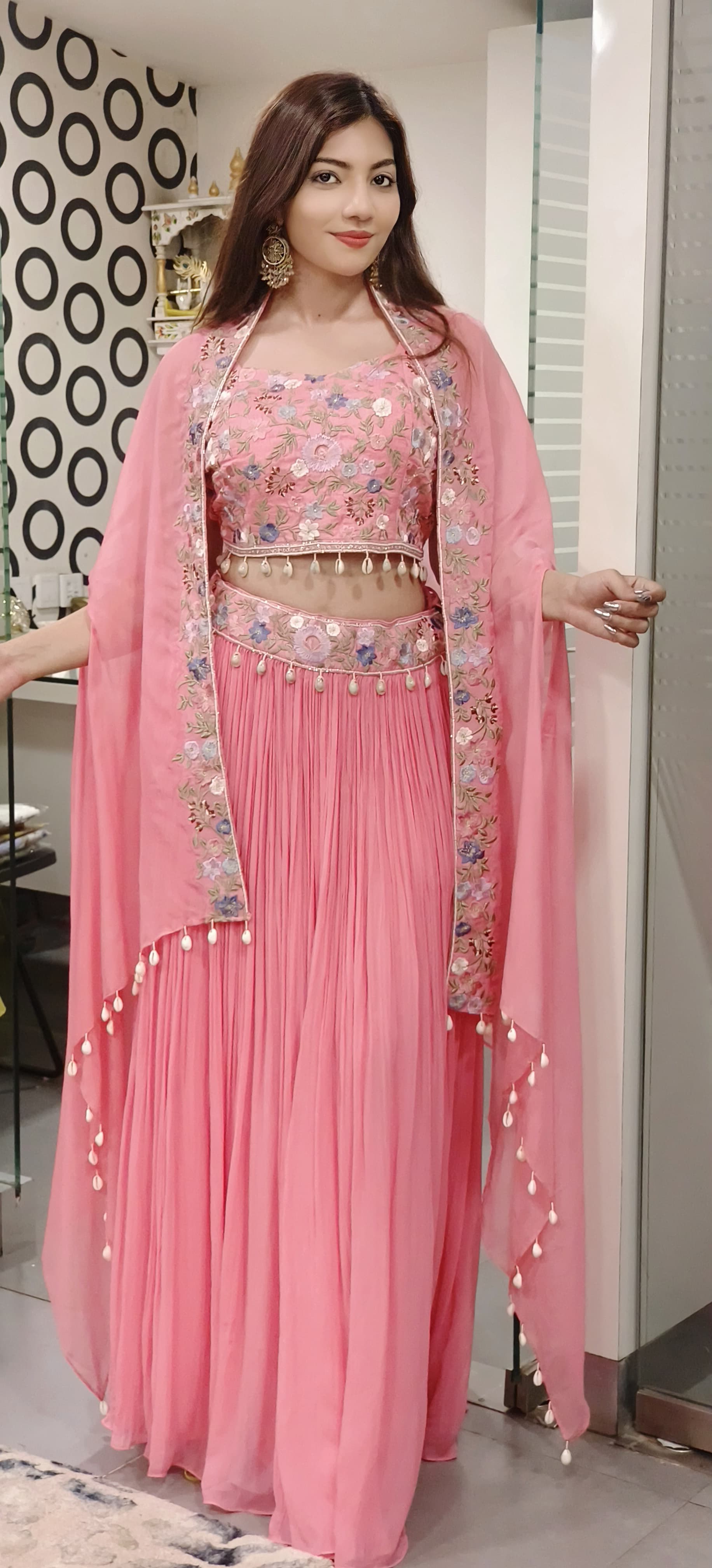 Stylish Floral Embroidered Padded Crop Indo Western Georgette Skirt With Organza Shrug 09670-69
