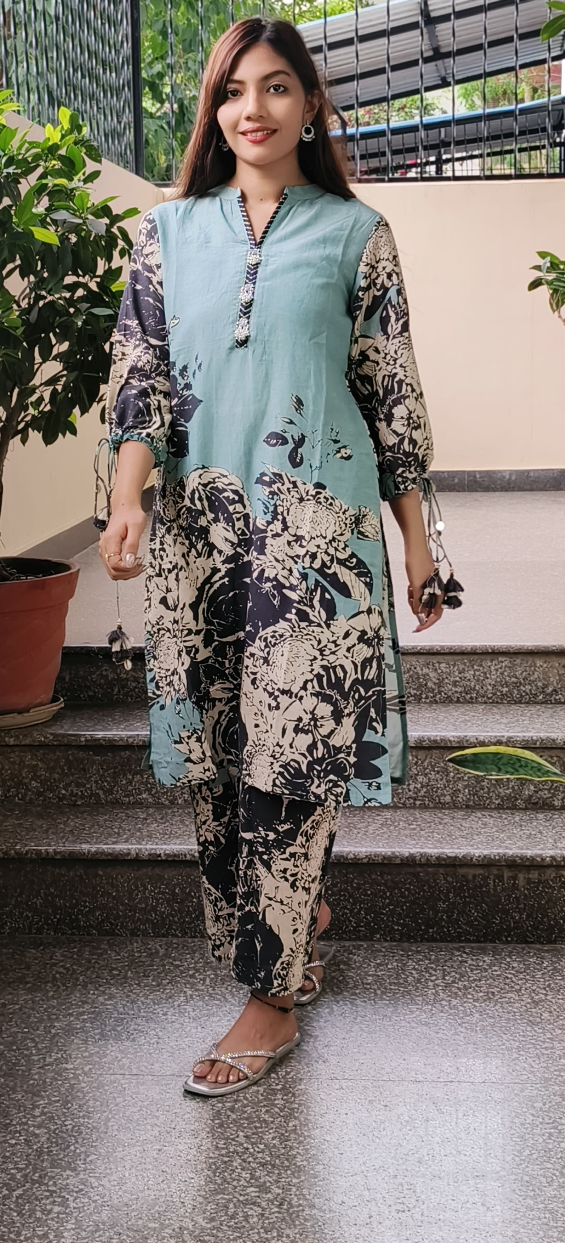 Linen Floral Printed Kurta Pant Set In Linen Cotton Fabric- 09722, 09723