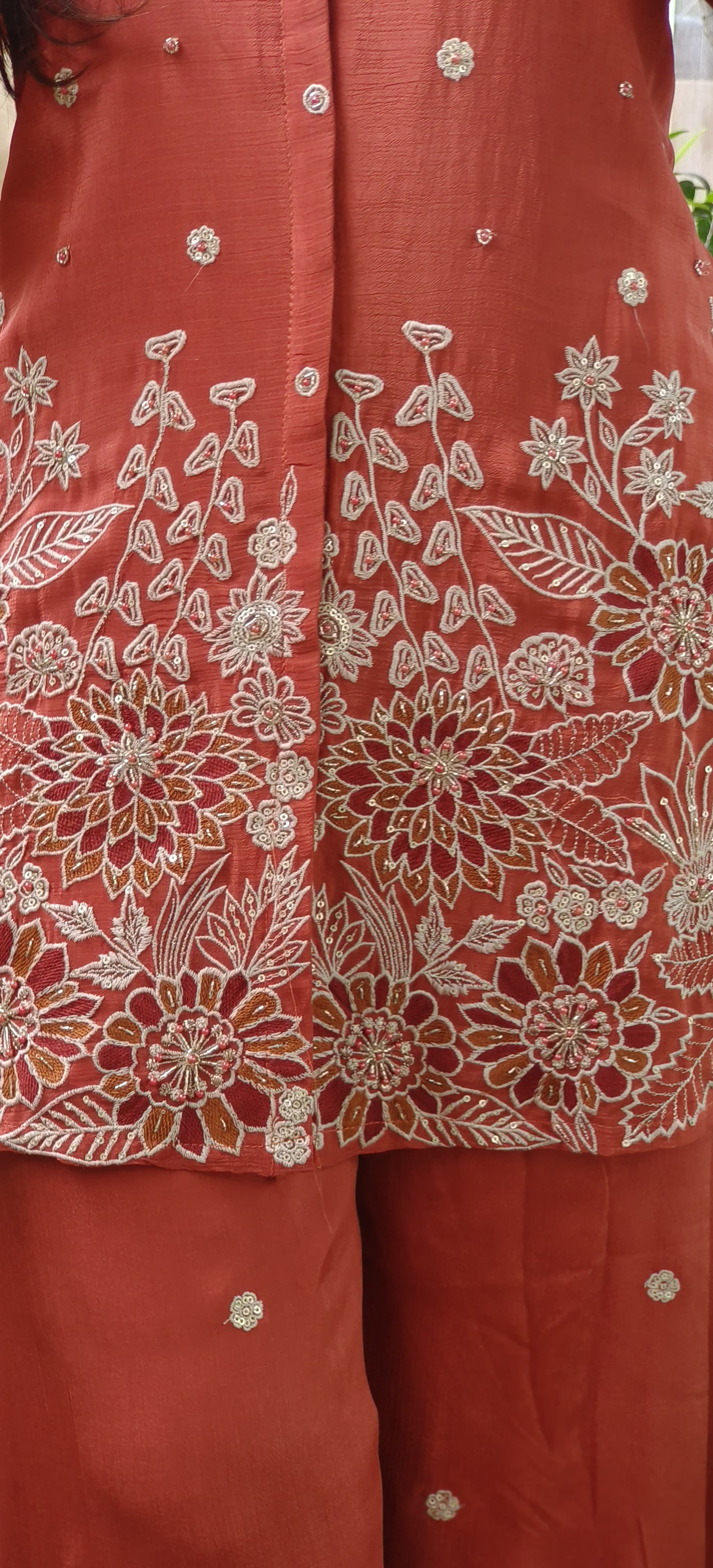 Chinon Collared Co-Ord Style Kurta With Palazzo Pant Heavy Wear With Floral Embroidery- 08199