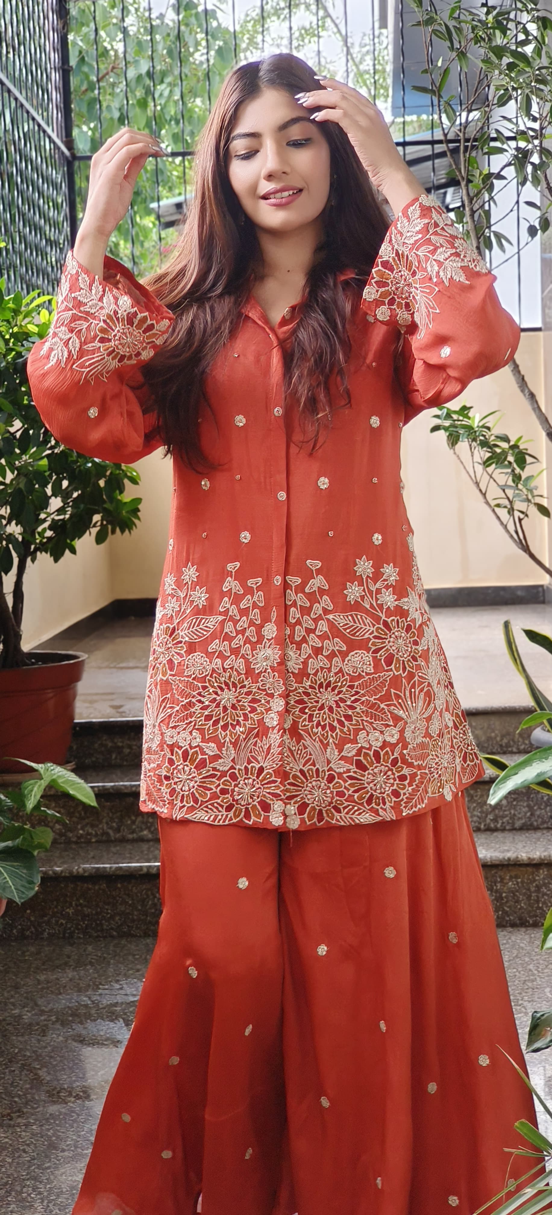 Chinon Collared Co-Ord Style Kurta With Palazzo Pant Heavy Wear With Floral Embroidery- 08199