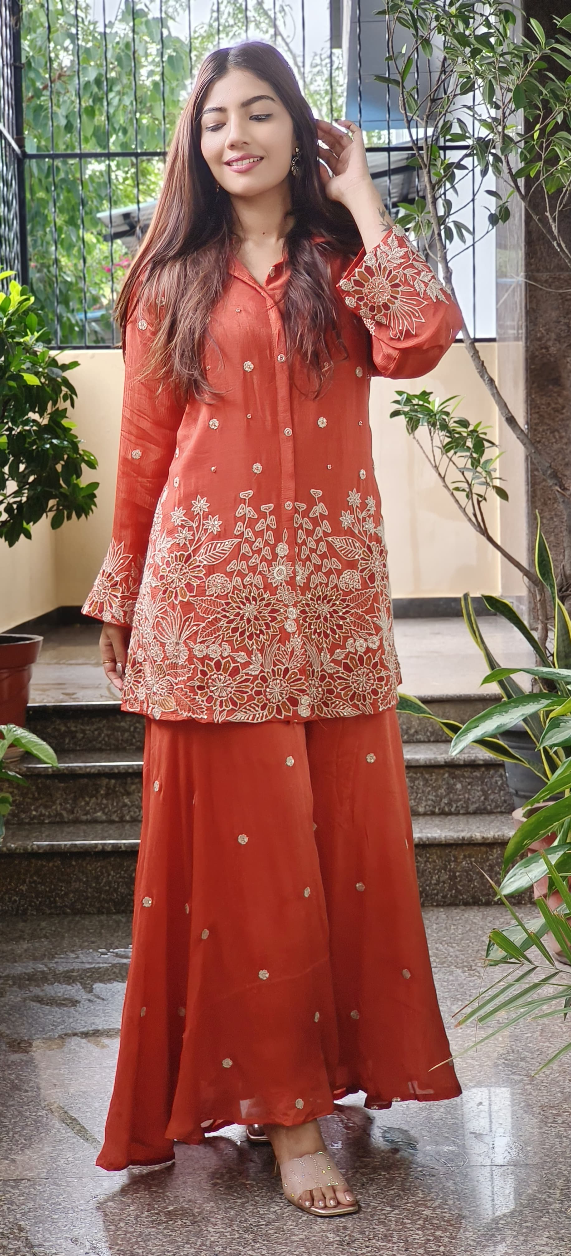 Chinon Collared Co-Ord Style Kurta With Palazzo Pant Heavy Wear With Floral Embroidery- 08199