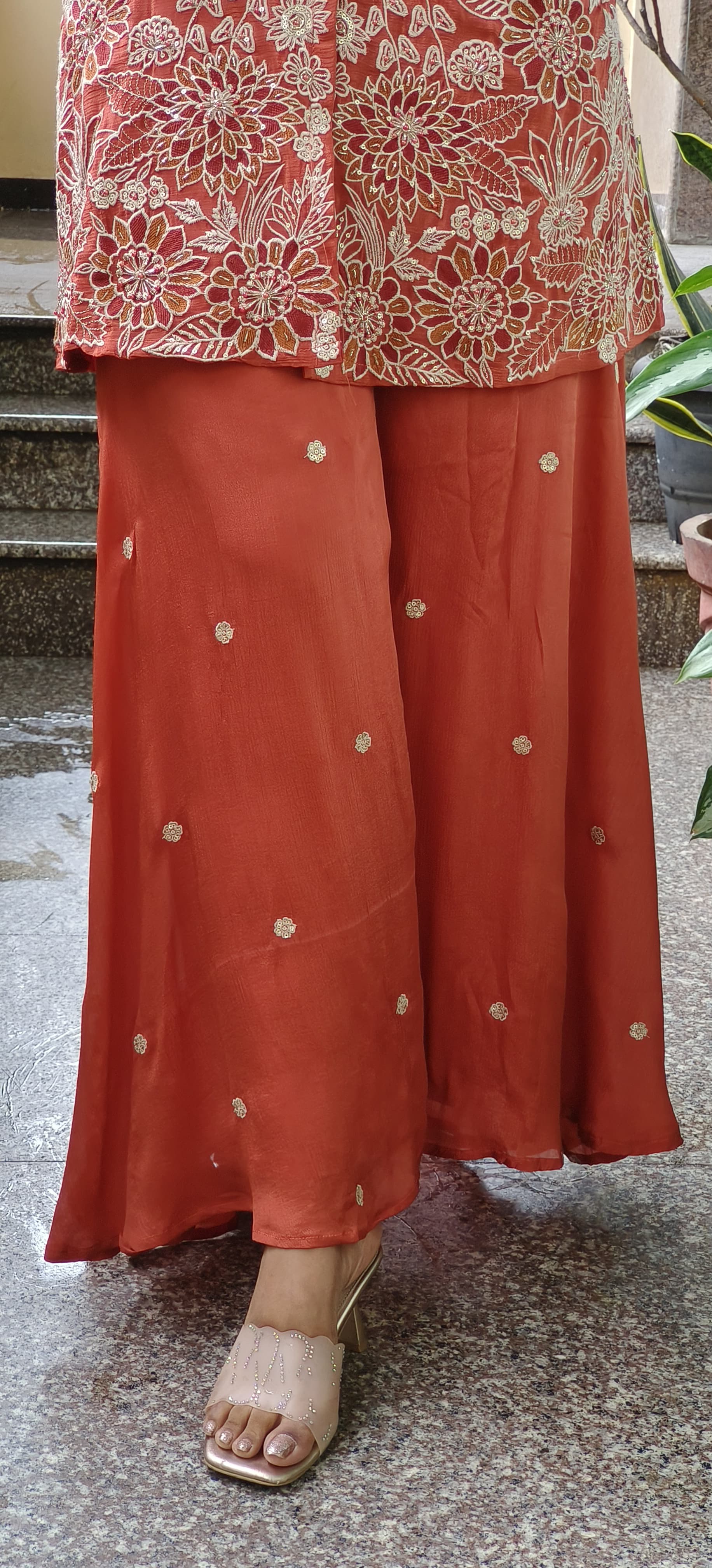 Chinon Collared Co-Ord Style Kurta With Palazzo Pant Heavy Wear With Floral Embroidery- 08199