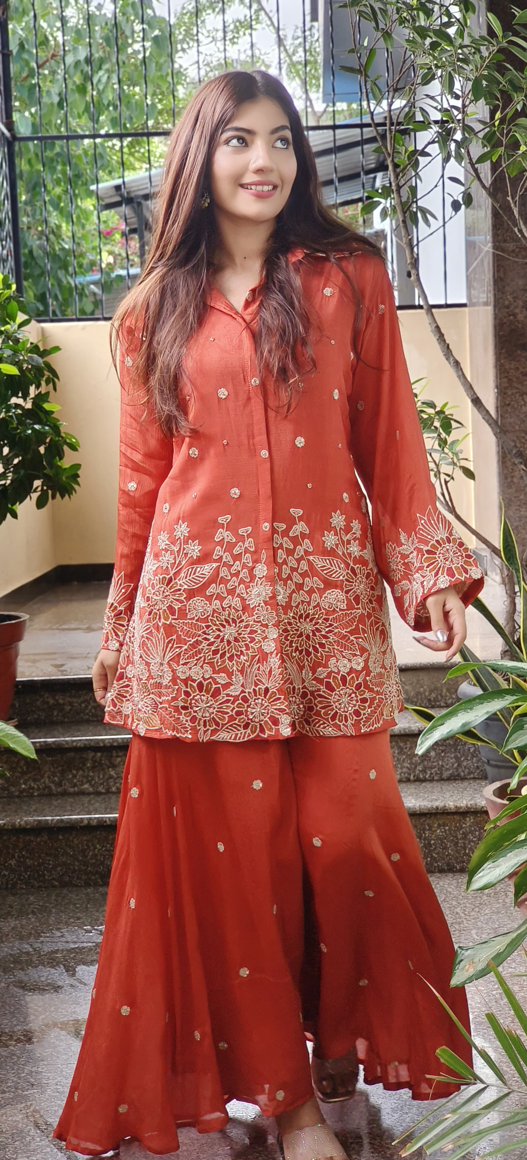 Chinon Collared Co-Ord Style Kurta With Palazzo Pant Heavy Wear With Floral Embroidery- 08199