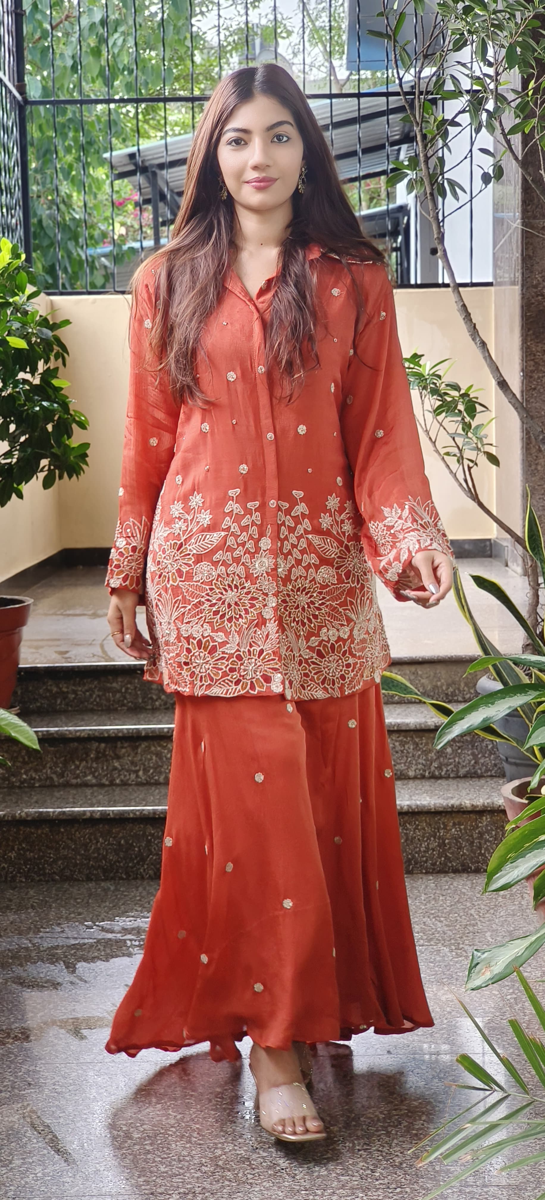 Chinon Collared Co-Ord Style Kurta With Palazzo Pant Heavy Wear With Floral Embroidery- 08199