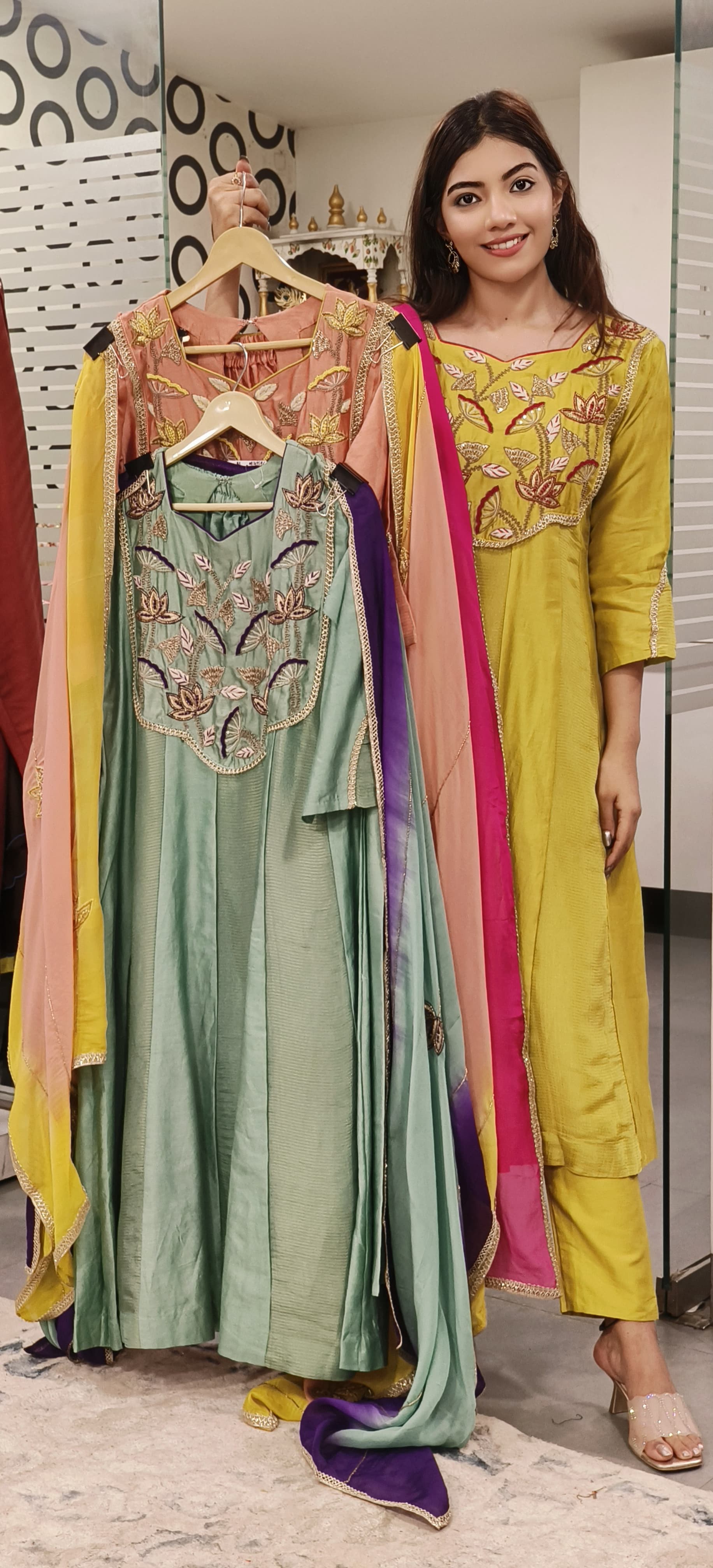 Pure Chanderi Zari Zardozi & Thread Embroidered Work Party Wear Aline Kurta with Pant and Organza Dupatta- 09636