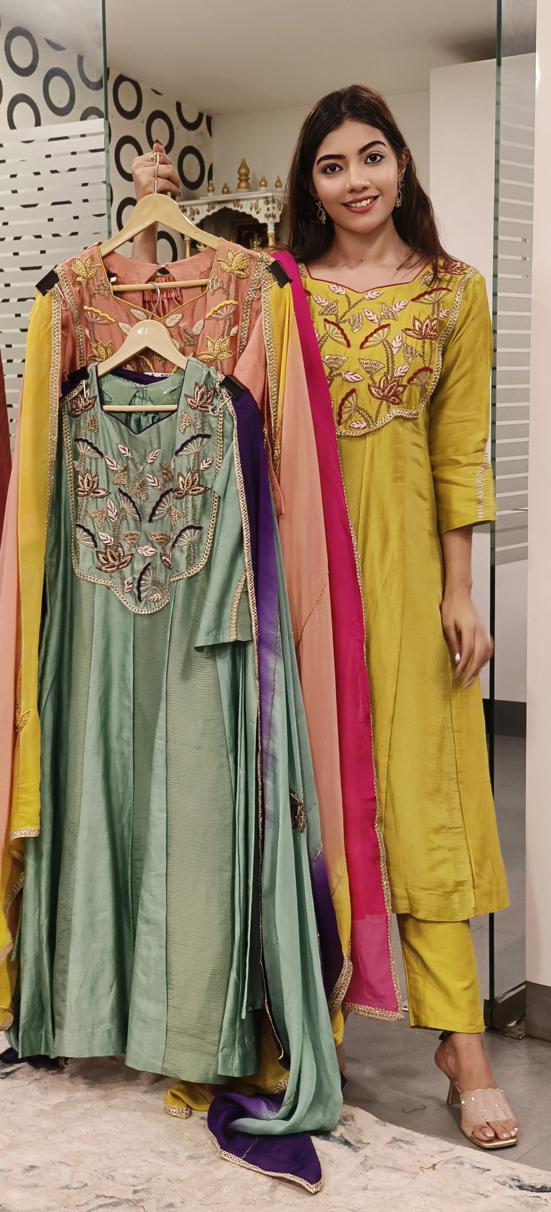 Pure Chanderi Zari Zardozi & Thread Embroidered Work Party Wear Aline Kurta with Pant and Organza Dupatta- 09636