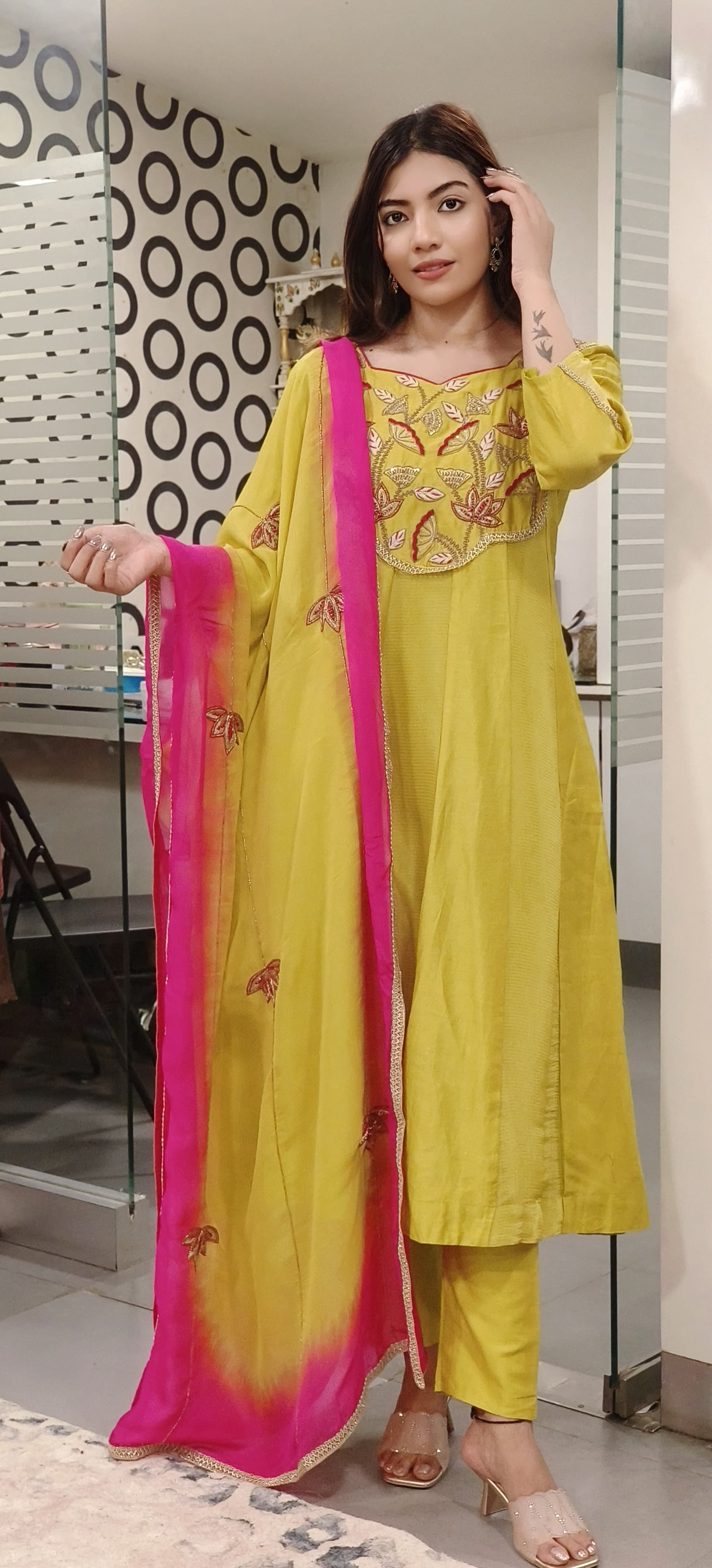 Pure Chanderi Zari Zardozi & Thread Embroidered Work Party Wear Aline Kurta with Pant and Organza Dupatta- 09636
